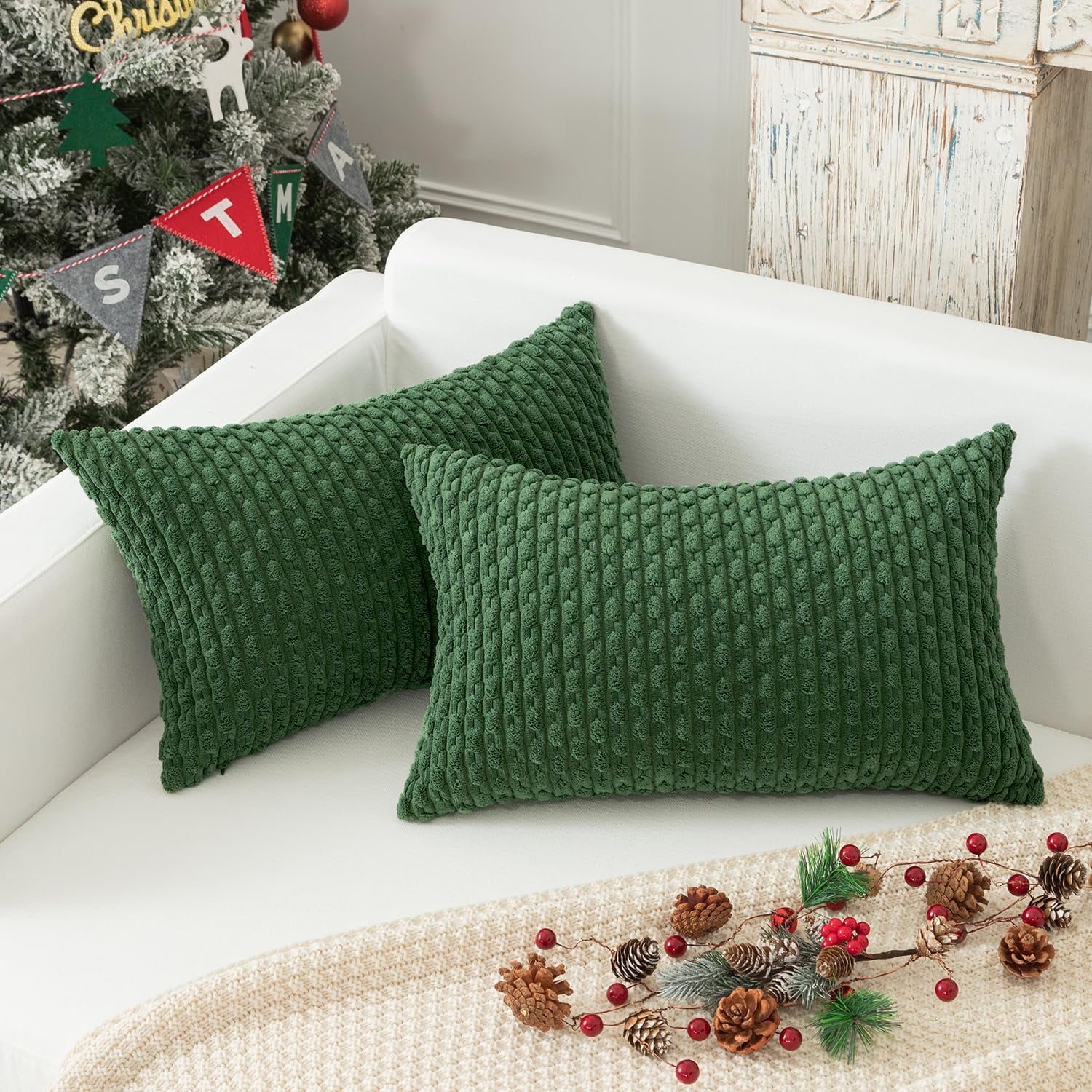 Holzlrgus Fall Set of 2 Striped Textured Velvet Corduroy Decorative Europe Sham Seasonal Autumn Throw Pillow Cushion Cover for Couch, (60x60 cm, 24inch), Burnt Brick 22 x 22-Inch Dark Green - Image 5