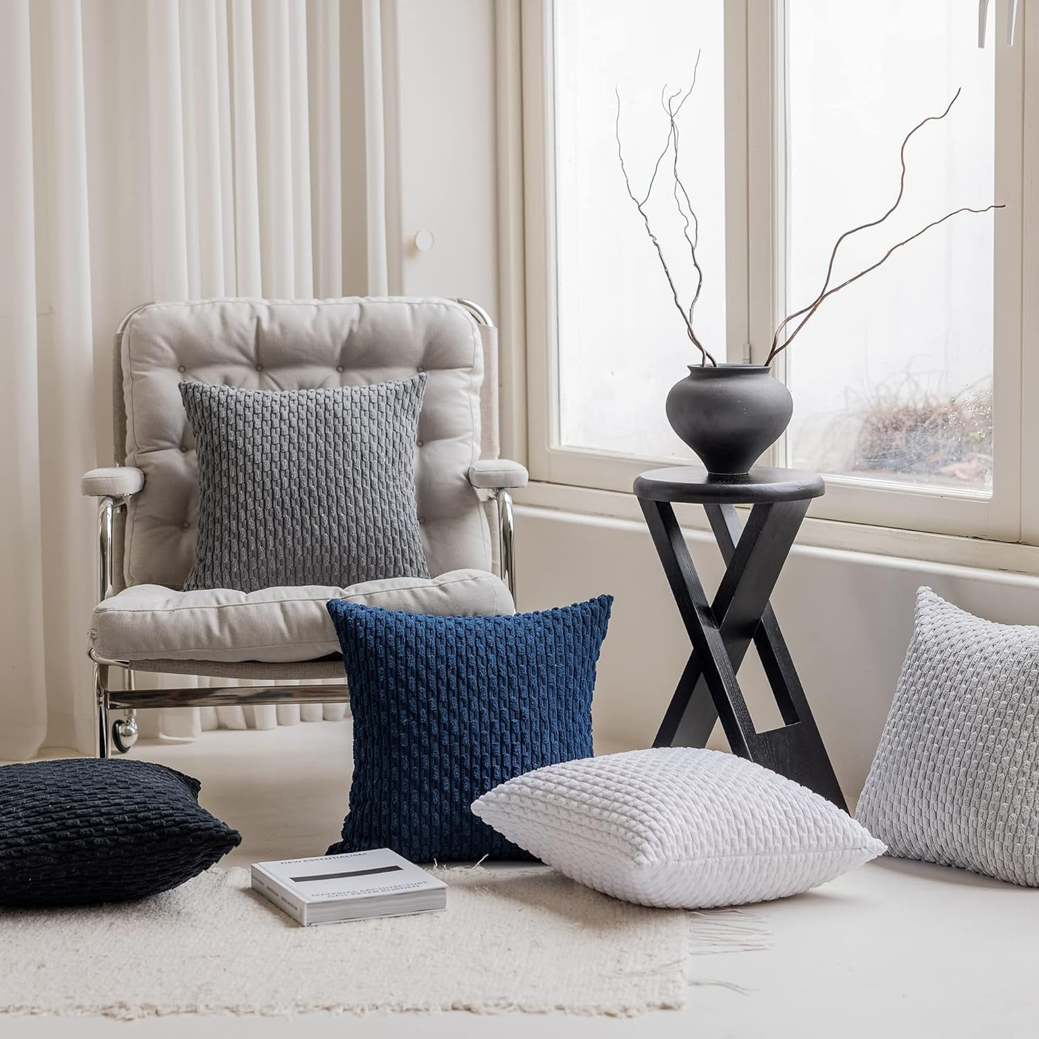 Holzlrgus Fall Set of 2 Striped Textured Velvet Corduroy Decorative Europe Sham Seasonal Autumn Throw Pillow Cushion Cover for Couch, (60x60 cm, 24inch), Burnt Brick 18 x 18-Inch Dark Grey - Image 5