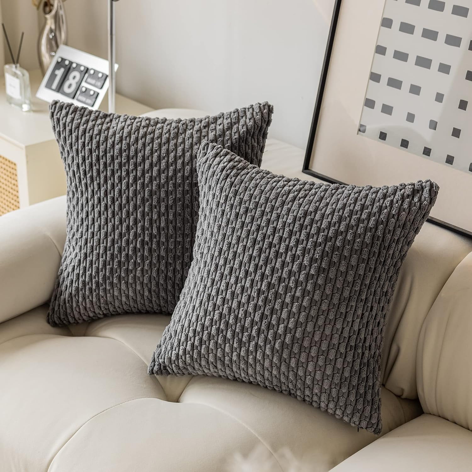 Holzlrgus Fall Set of 2 Striped Textured Velvet Corduroy Decorative Europe Sham Seasonal Autumn Throw Pillow Cushion Cover for Couch, (60x60 cm, 24inch), Burnt Brick 22 x 22-Inch Dark Grey - Image 1
