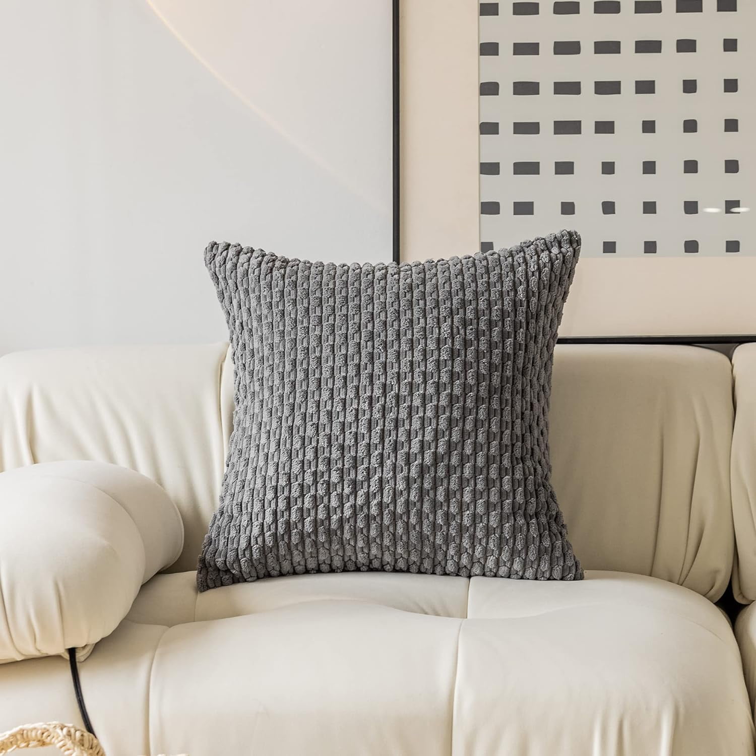 Holzlrgus Fall Set of 2 Striped Textured Velvet Corduroy Decorative Europe Sham Seasonal Autumn Throw Pillow Cushion Cover for Couch, (60x60 cm, 24inch), Burnt Brick 22 x 22-Inch Dark Grey - Image 2