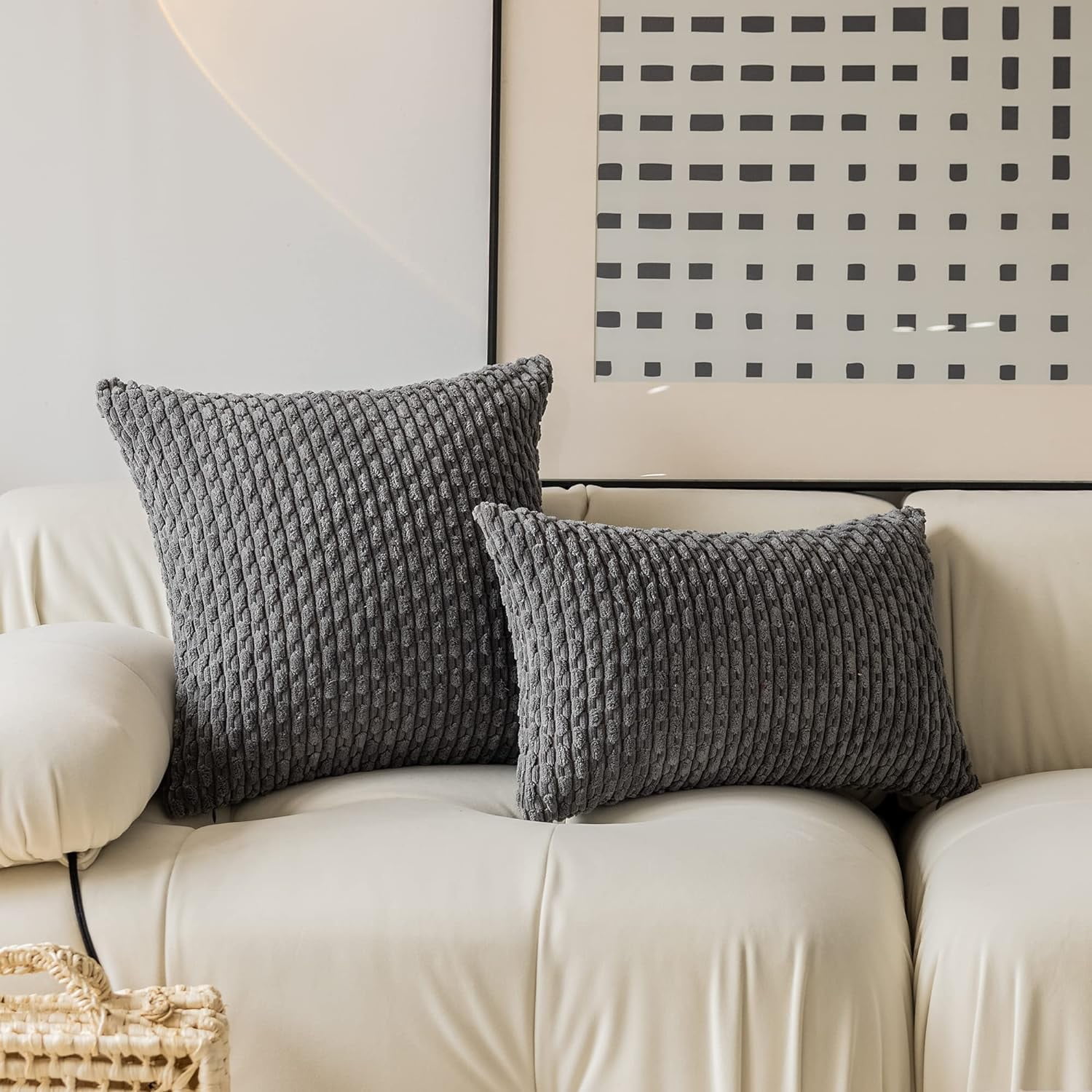 Holzlrgus Fall Set of 2 Striped Textured Velvet Corduroy Decorative Europe Sham Seasonal Autumn Throw Pillow Cushion Cover for Couch, (60x60 cm, 24inch), Burnt Brick 22 x 22-Inch Dark Grey - Image 4