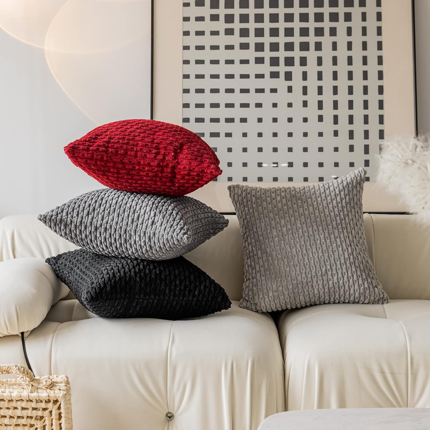 Holzlrgus Fall Set of 2 Striped Textured Velvet Corduroy Decorative Europe Sham Seasonal Autumn Throw Pillow Cushion Cover for Couch, (60x60 cm, 24inch), Burnt Brick 22 x 22-Inch Dark Grey - Image 5