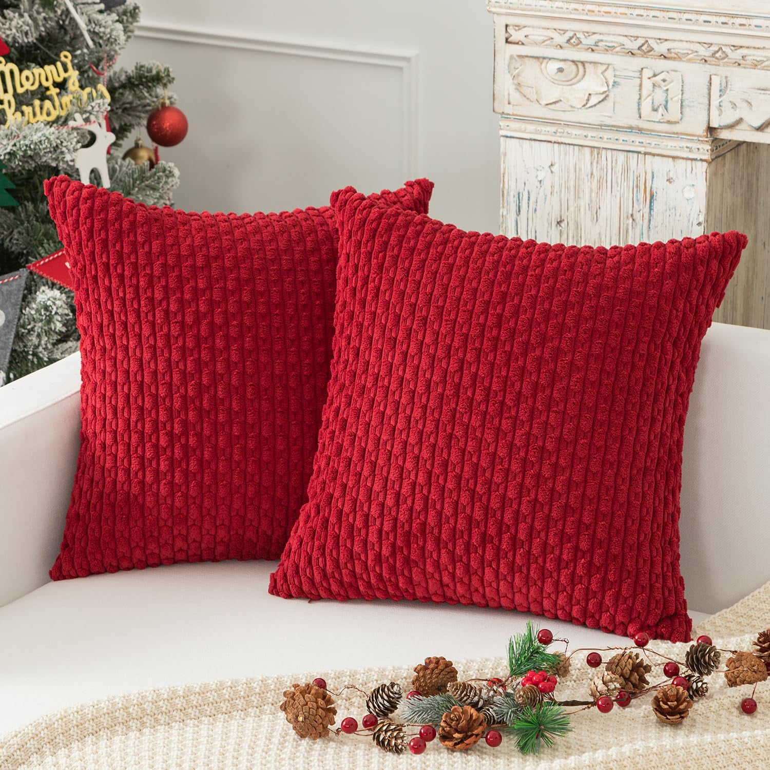 Holzlrgus Fall Set of 2 Striped Textured Velvet Corduroy Decorative Europe Sham Seasonal Autumn Throw Pillow Cushion Cover for Couch, (60x60 cm, 24inch), Burnt Brick 16 x 16-Inch Light Grey - Image 1