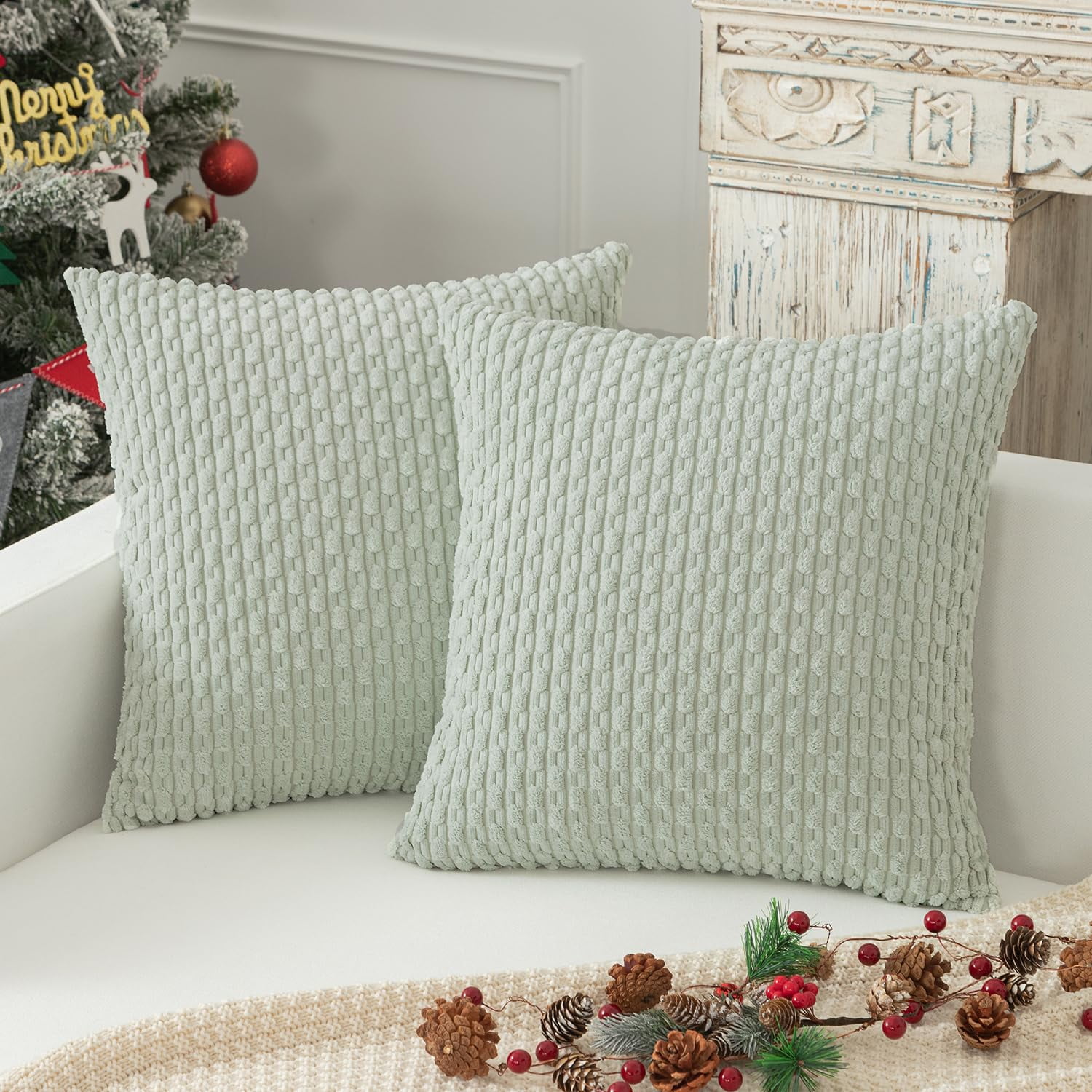 Holzlrgus Fall Set of 2 Striped Textured Velvet Corduroy Decorative Europe Sham Seasonal Autumn Throw Pillow Cushion Cover for Couch, (60x60 cm, 24inch), Burnt Brick 20 x 20-Inch Red - Image 1