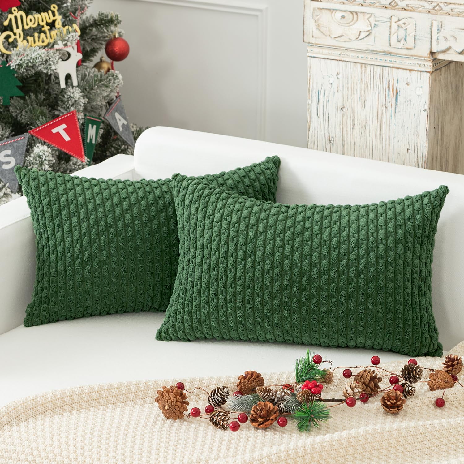 Holzlrgus Fall Set of 2 Striped Textured Velvet Corduroy Decorative Europe Sham Seasonal Autumn Throw Pillow Cushion Cover for Couch, (60x60 cm, 24inch), Burnt Brick 12 x 20-Inch Sage Green - Image 1