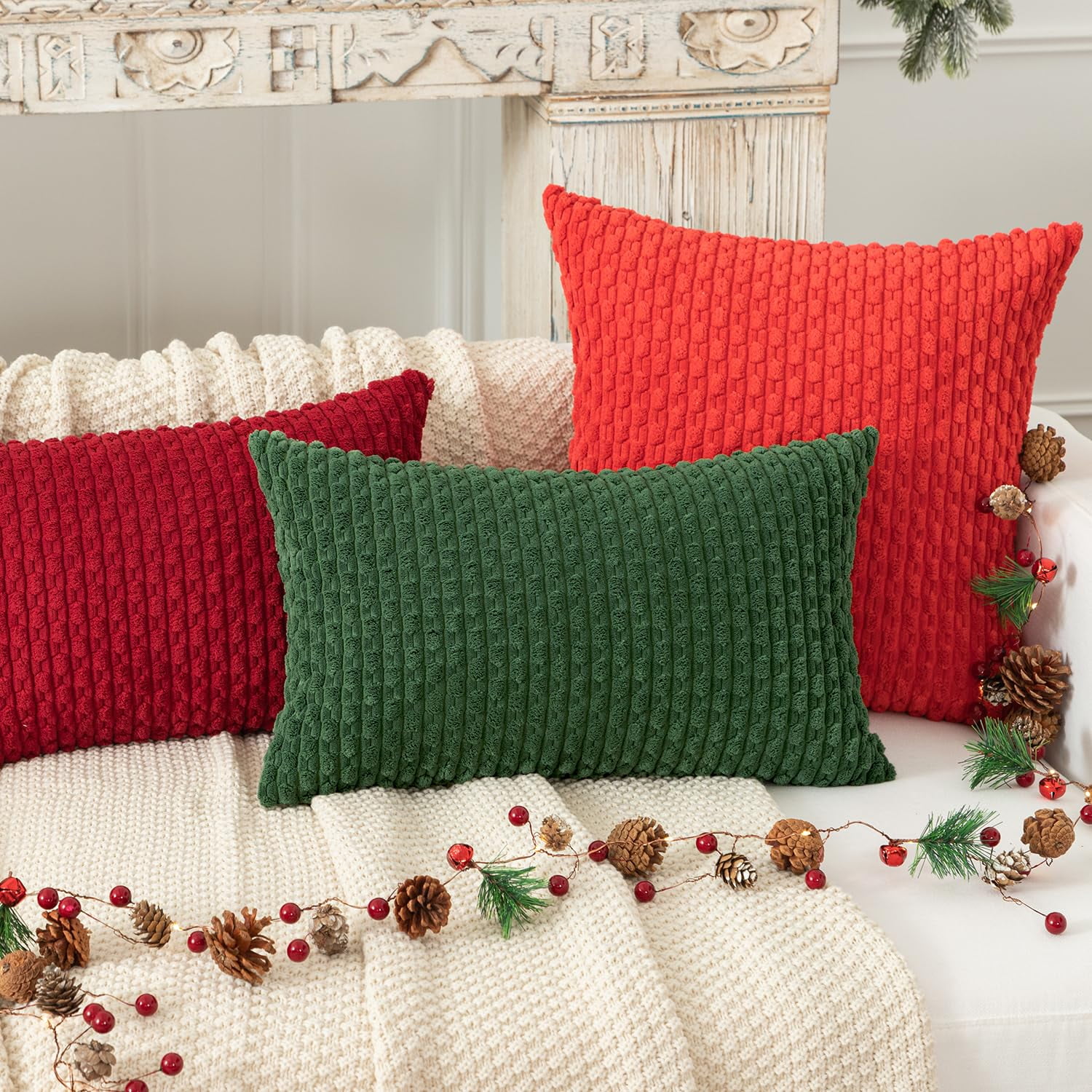 Holzlrgus Fall Set of 2 Striped Textured Velvet Corduroy Decorative Europe Sham Seasonal Autumn Throw Pillow Cushion Cover for Couch, (60x60 cm, 24inch), Burnt Brick 12 x 20-Inch Sage Green - Image 6