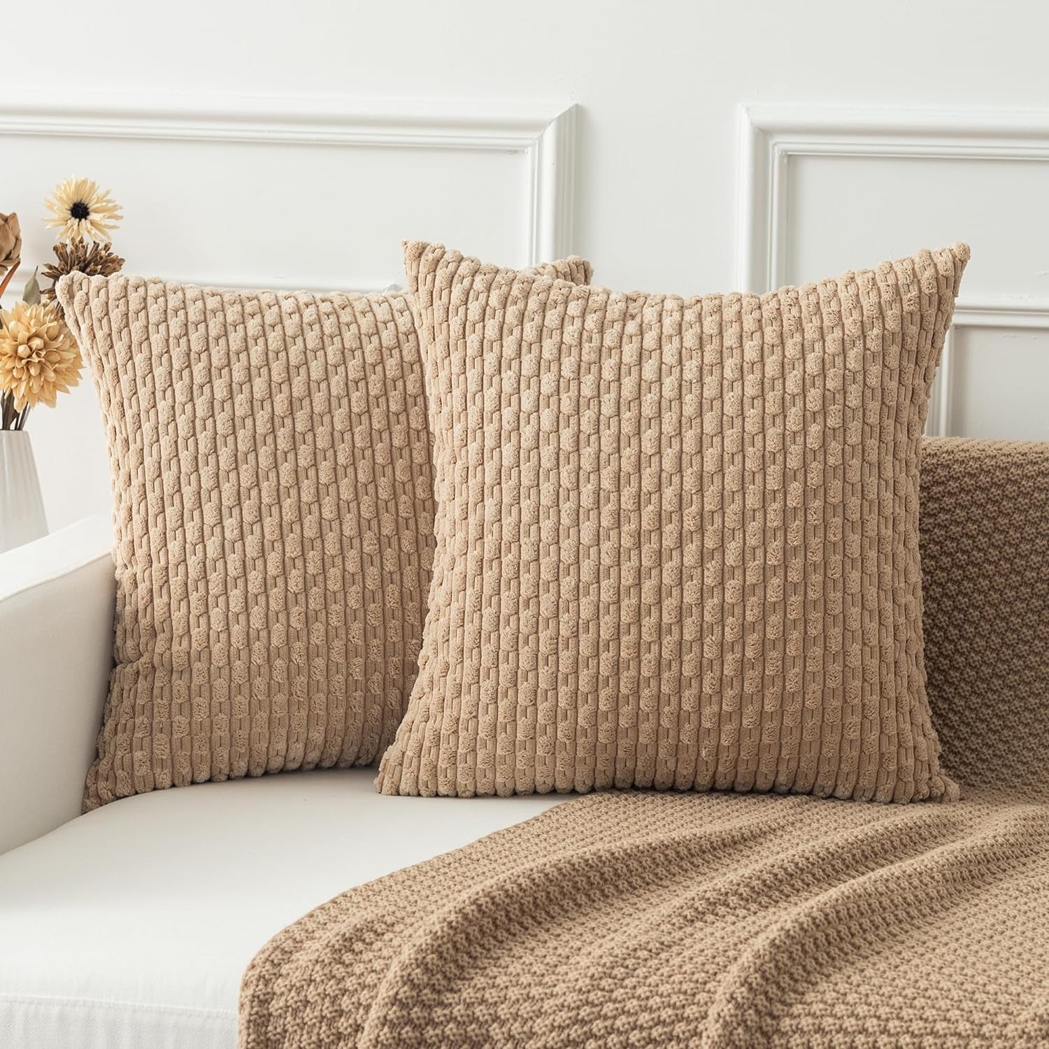 Holzlrgus Fall Set of 2 Striped Textured Velvet Corduroy Decorative Europe Sham Seasonal Autumn Throw Pillow Cushion Cover for Couch, (60x60 cm, 24inch), Burnt Brick 22 x 22-Inch Tan - Image 1