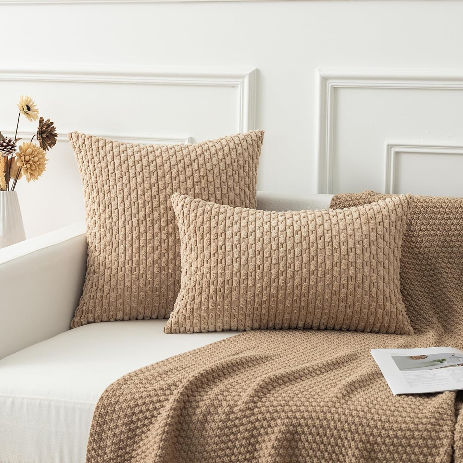 Holzlrgus Fall Set of 2 Striped Textured Velvet Corduroy Decorative Europe Sham Seasonal Autumn Throw Pillow Cushion Cover for Couch, (60x60 cm, 24inch), Burnt Brick 22 x 22-Inch Tan - Image 4