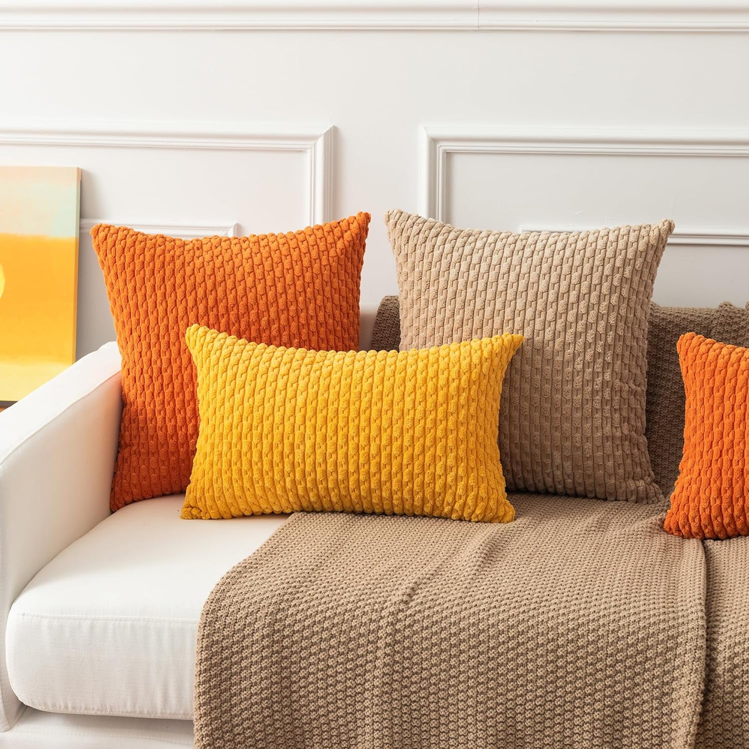Holzlrgus Fall Set of 2 Striped Textured Velvet Corduroy Decorative Europe Sham Seasonal Autumn Throw Pillow Cushion Cover for Couch, (60x60 cm, 24inch), Burnt Brick 22 x 22-Inch Tan - Image 7