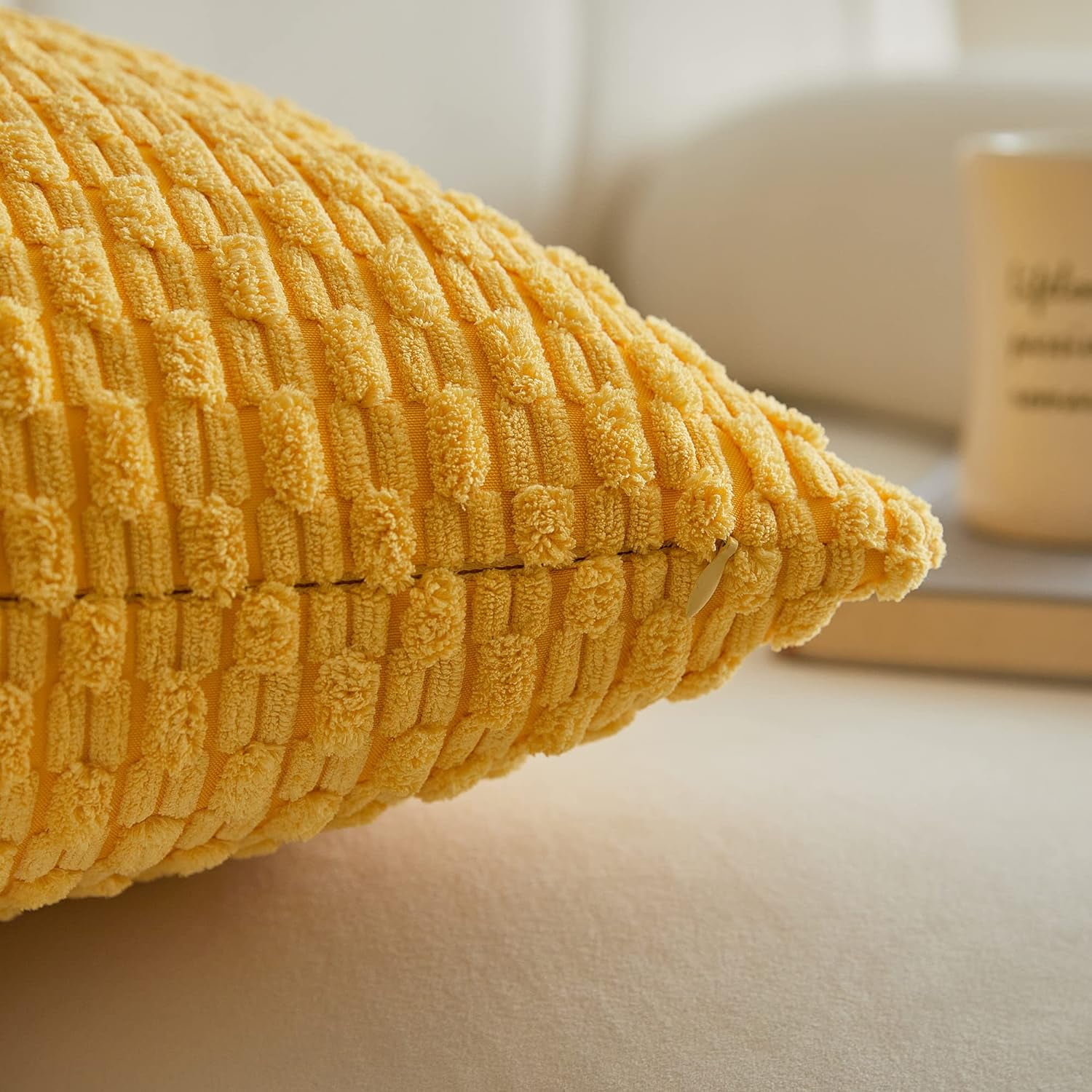 Holzlrgus Fall Set of 2 Striped Textured Velvet Corduroy Decorative Europe Sham Seasonal Autumn Throw Pillow Cushion Cover for Couch, (60x60 cm, 24inch), Burnt Brick 24 x 24-Inch Yellow - Image 3