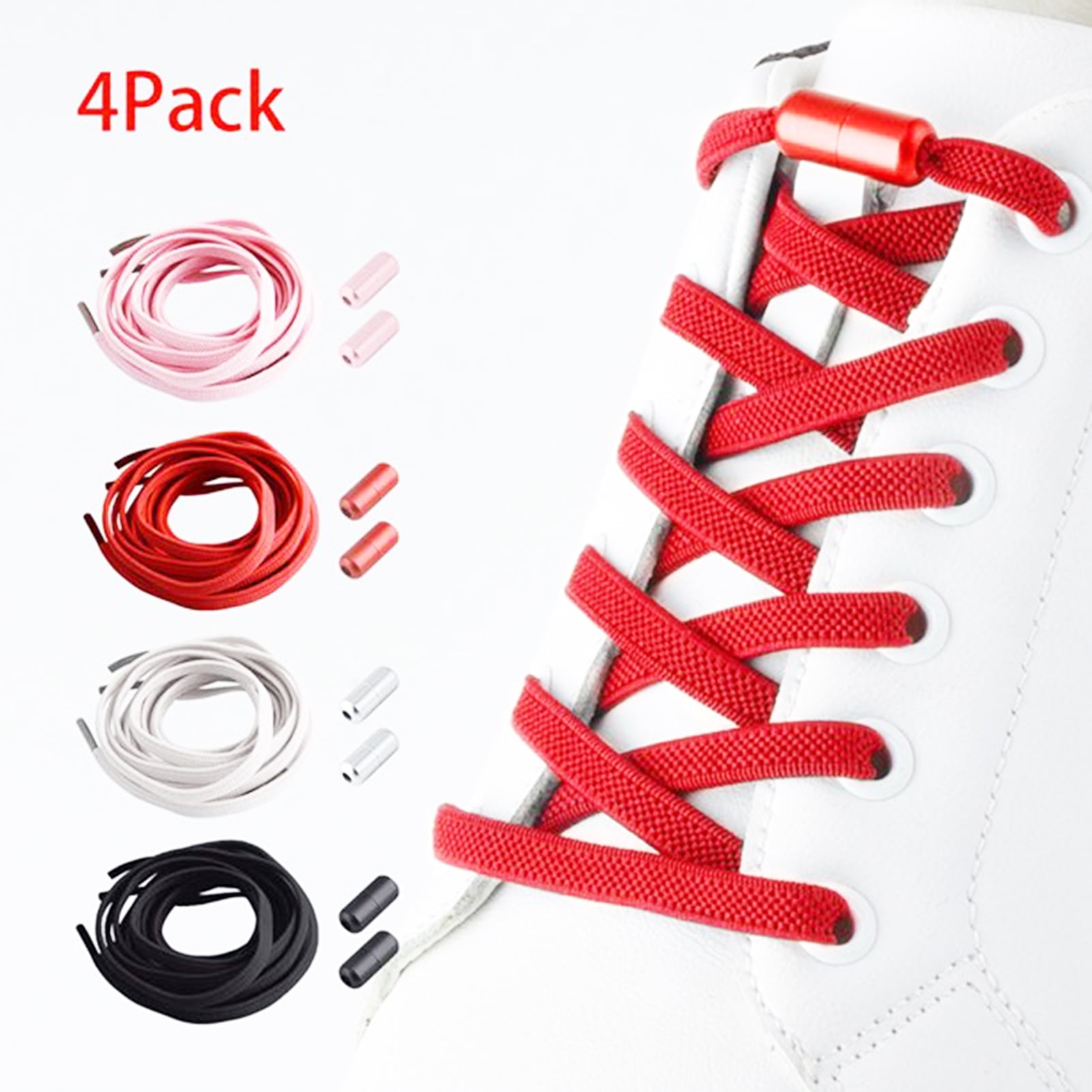 4Pairs No Tie Elastic Shoe Laces Adjustable Tieless Shoelaces, One Size Fits All Adult & Kids(Black, White, Red, Pink) Black, white, red, pink - Image 1