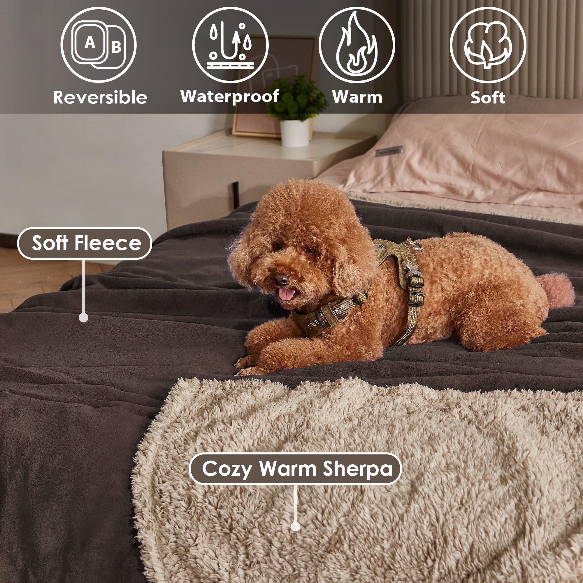 Pawsse Waterproof Pet Blanket, Pee Urine Proof Dog Blanket Cover for Couch Bed Furniture Protector, Liquid Proof Blanket for Small Medium Dogs, Buffale Red/Tuape, 50” x 60”. Brown/Tuape - Image 6
