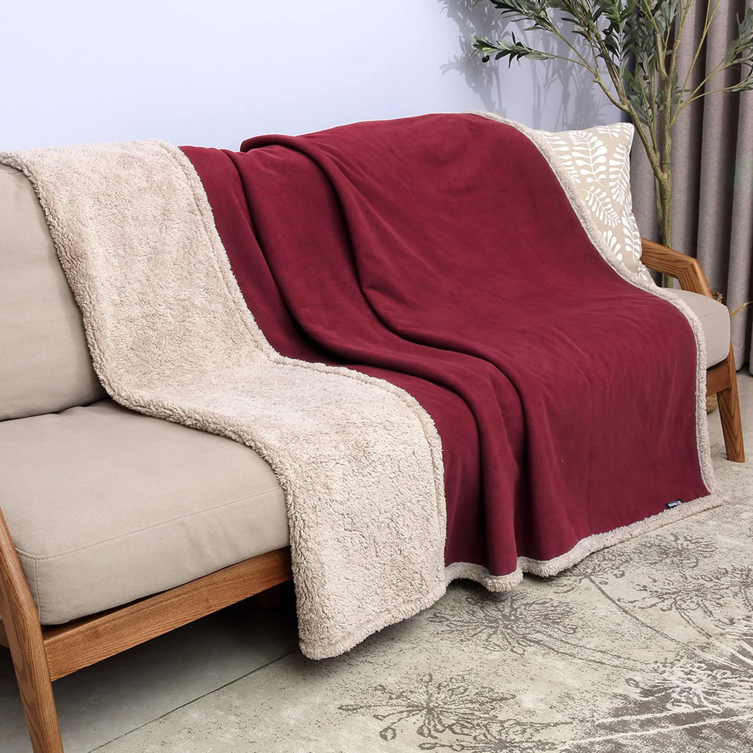 Pawsse Waterproof Pet Blanket, Pee Urine Proof Dog Blanket Cover for Couch Bed Furniture Protector, Liquid Proof Blanket for Small Medium Dogs, Buffale Red/Tuape, 50” x 60”. Wine/Tuape - Image 3