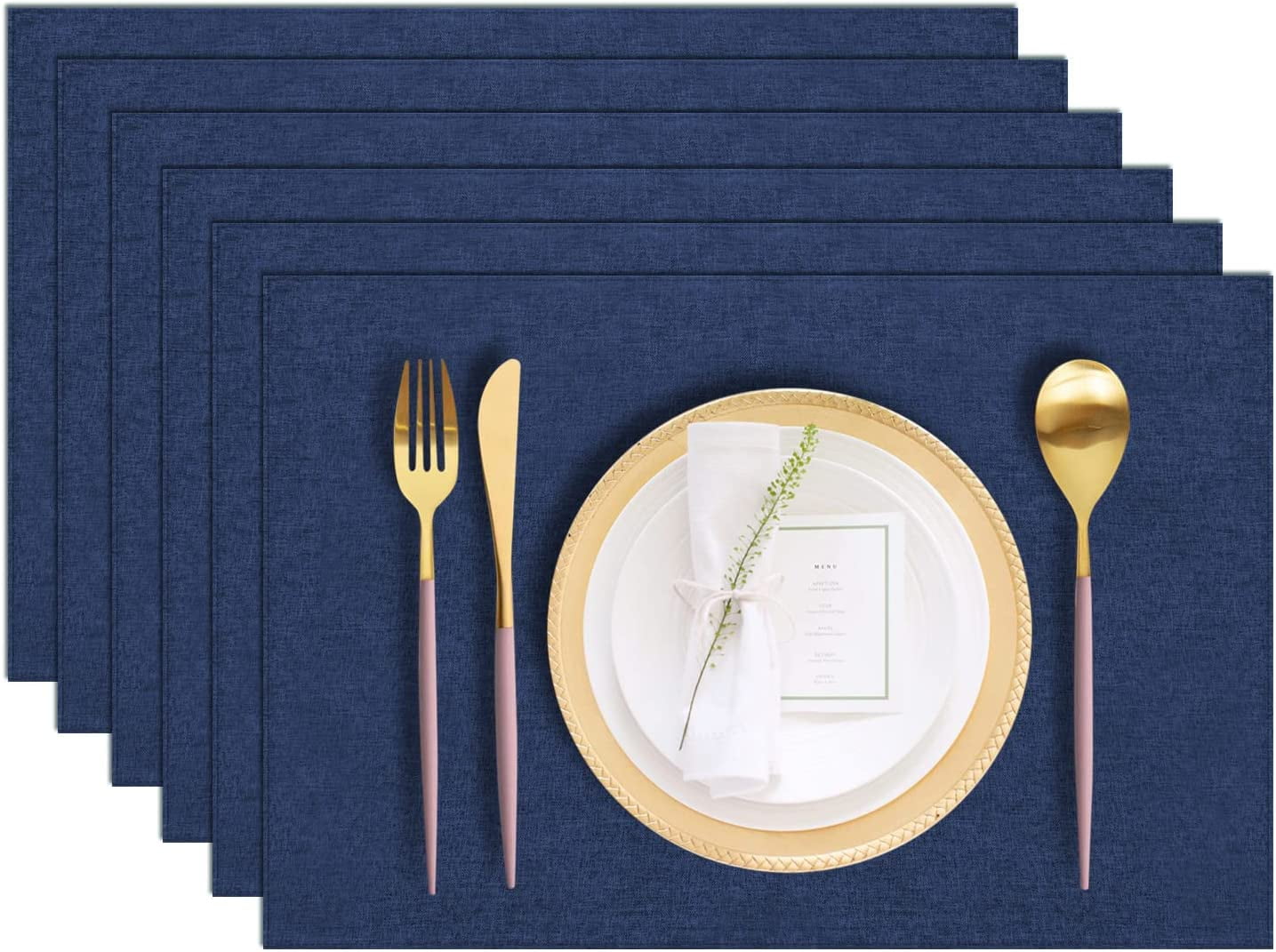 Cloth Placemats Set of 6, Cotton Linen Blend Machine Washable Durable Linen Table Mats, Heat Resistant Placemats Wrinkle Free Place Mats for Dining Table, Easy to Clean (Navy Blue, 6) - Image 1