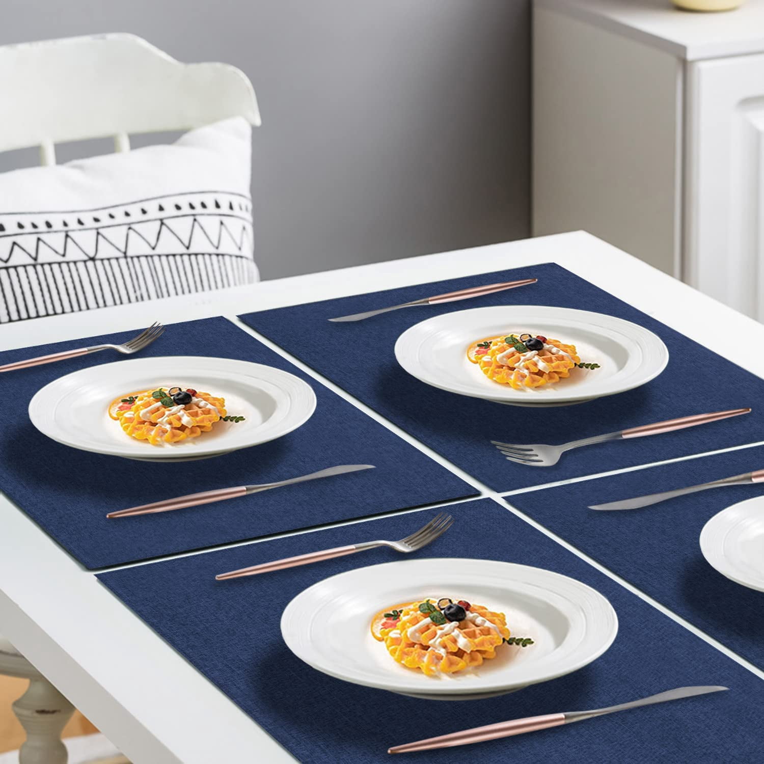 Cloth Placemats Set of 6, Cotton Linen Blend Machine Washable Durable Linen Table Mats, Heat Resistant Placemats Wrinkle Free Place Mats for Dining Table, Easy to Clean (Navy Blue, 6) - Image 4
