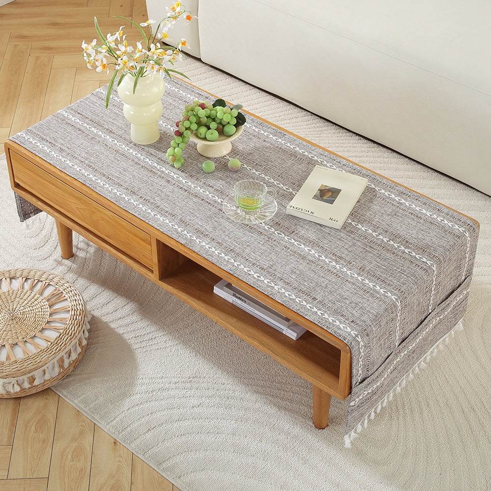 WCHUANG Coffee Table Cloth, Table Cover with Pockets and Tassel, Cotton Linen Rectangle Tablecloths Washer Dryer Fridge Top Dust Cover - Image 2
