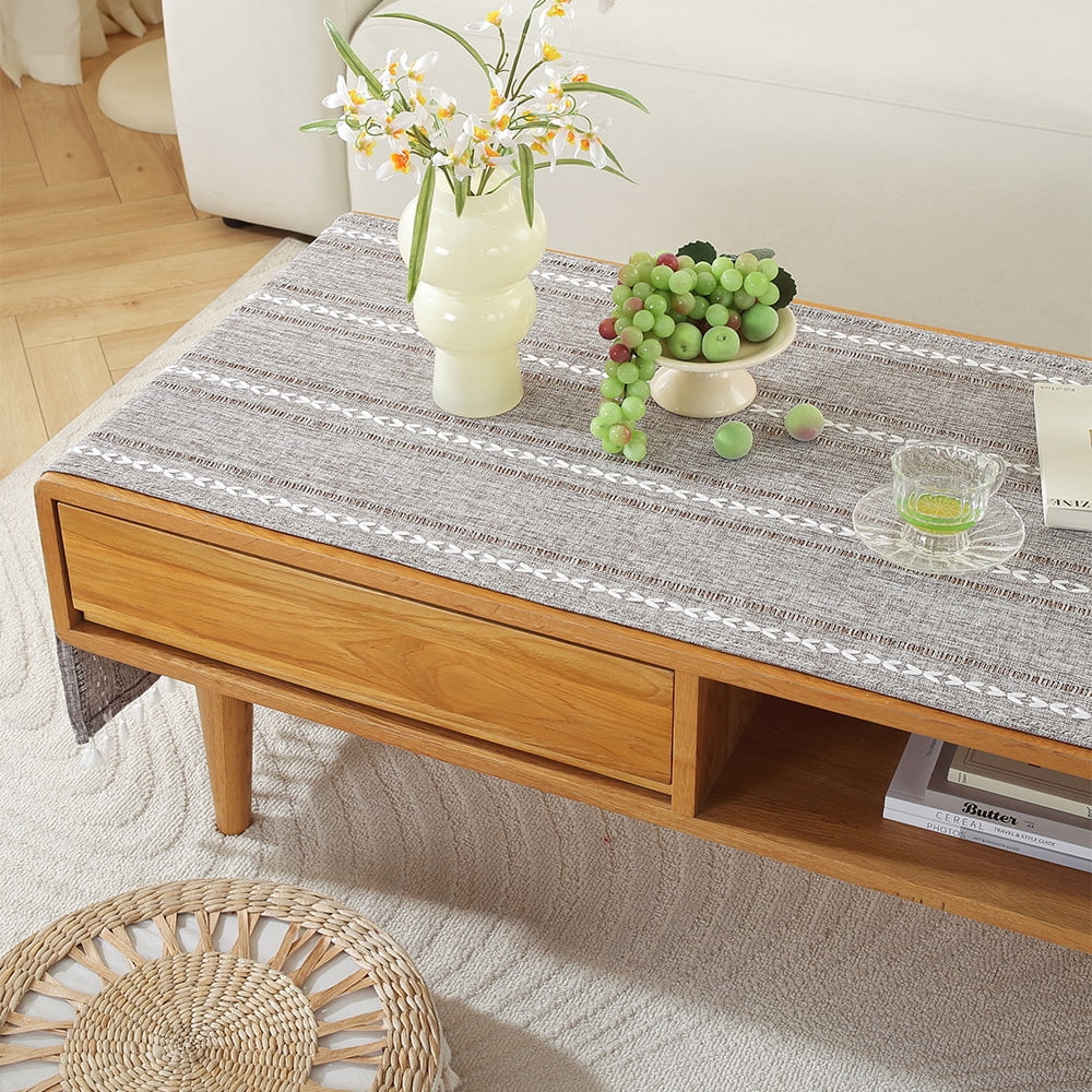 WCHUANG Coffee Table Cloth, Table Cover with Pockets and Tassel, Cotton Linen Rectangle Tablecloths Washer Dryer Fridge Top Dust Cover - Image 3