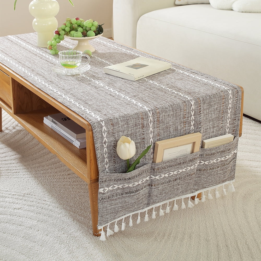 WCHUANG Coffee Table Cloth, Table Cover with Pockets and Tassel, Cotton Linen Rectangle Tablecloths Washer Dryer Fridge Top Dust Cover - Image 4