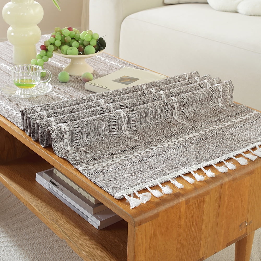 WCHUANG Coffee Table Cloth, Table Cover with Pockets and Tassel, Cotton Linen Rectangle Tablecloths Washer Dryer Fridge Top Dust Cover - Image 5