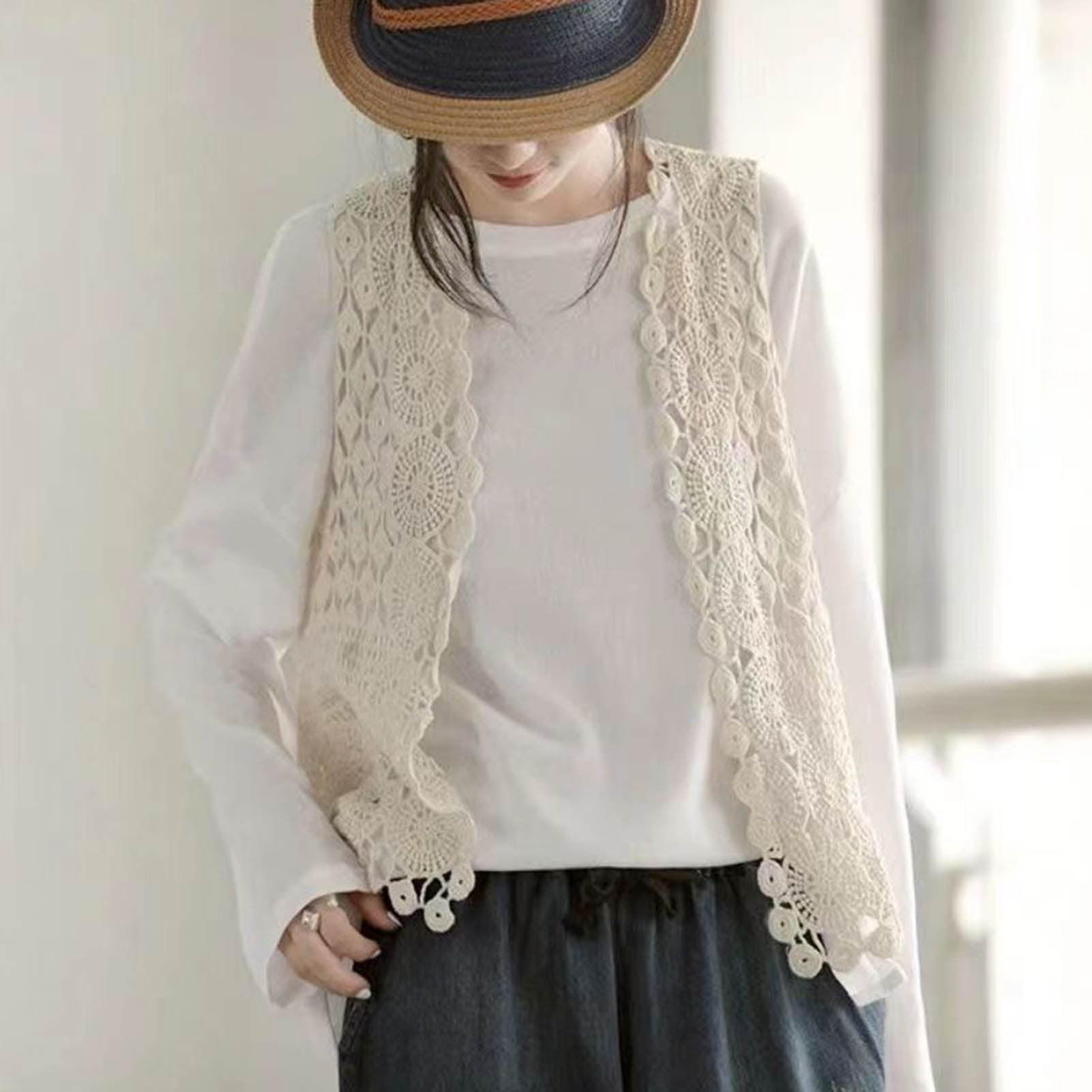 Women Vest Women's Sleeveless Knitted Hollow Vest Retro Crochet Cardigan for Summer Spring Autumn Sleeveless Cardigan One Size Apricot - Image 2