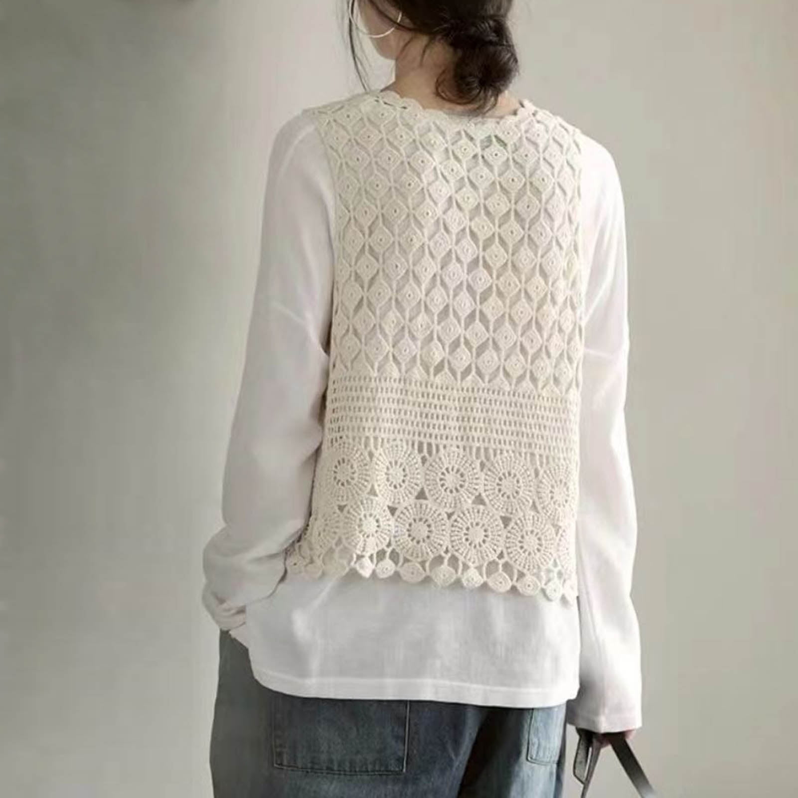 Women Vest Women's Sleeveless Knitted Hollow Vest Retro Crochet Cardigan for Summer Spring Autumn Sleeveless Cardigan One Size Apricot - Image 3
