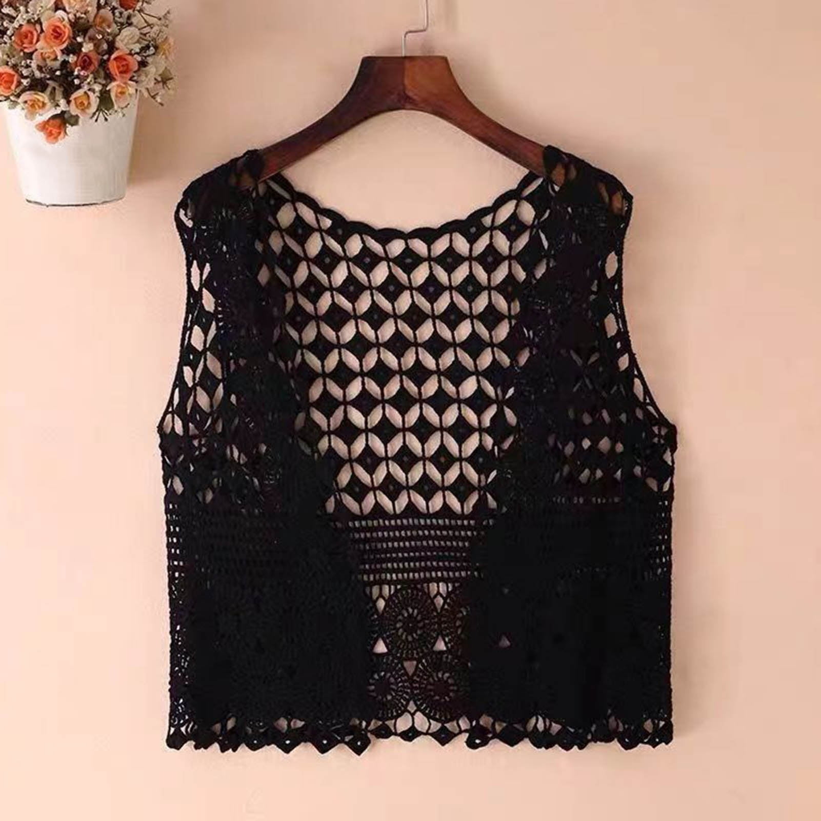Women Vest Women's Sleeveless Knitted Hollow Vest Retro Crochet Cardigan for Summer Spring Autumn Sleeveless Cardigan One Size Black - Image 2