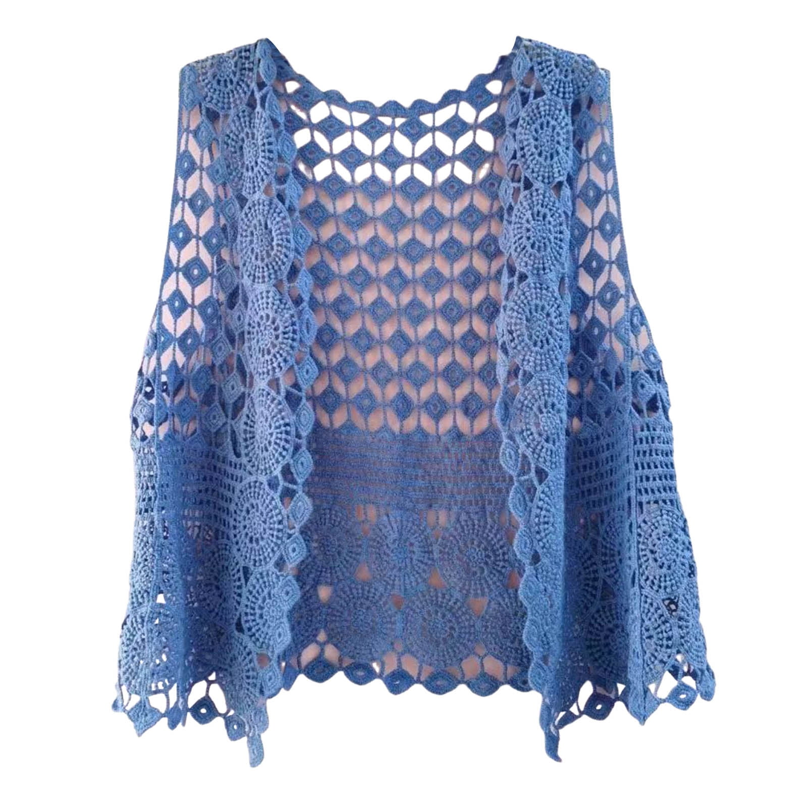Women Vest Women's Sleeveless Knitted Hollow Vest Retro Crochet Cardigan for Summer Spring Autumn Sleeveless Cardigan One Size Blue - Image 1