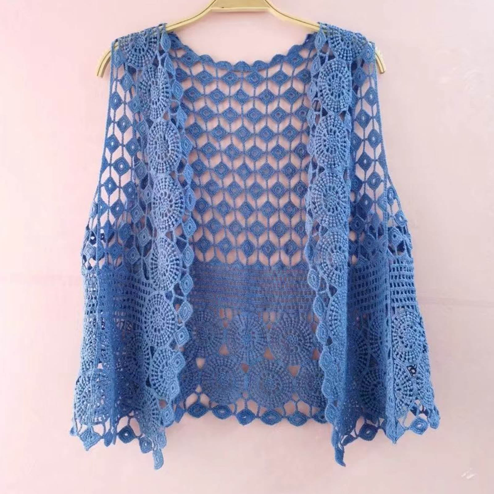 Women Vest Women's Sleeveless Knitted Hollow Vest Retro Crochet Cardigan for Summer Spring Autumn Sleeveless Cardigan One Size Blue - Image 2