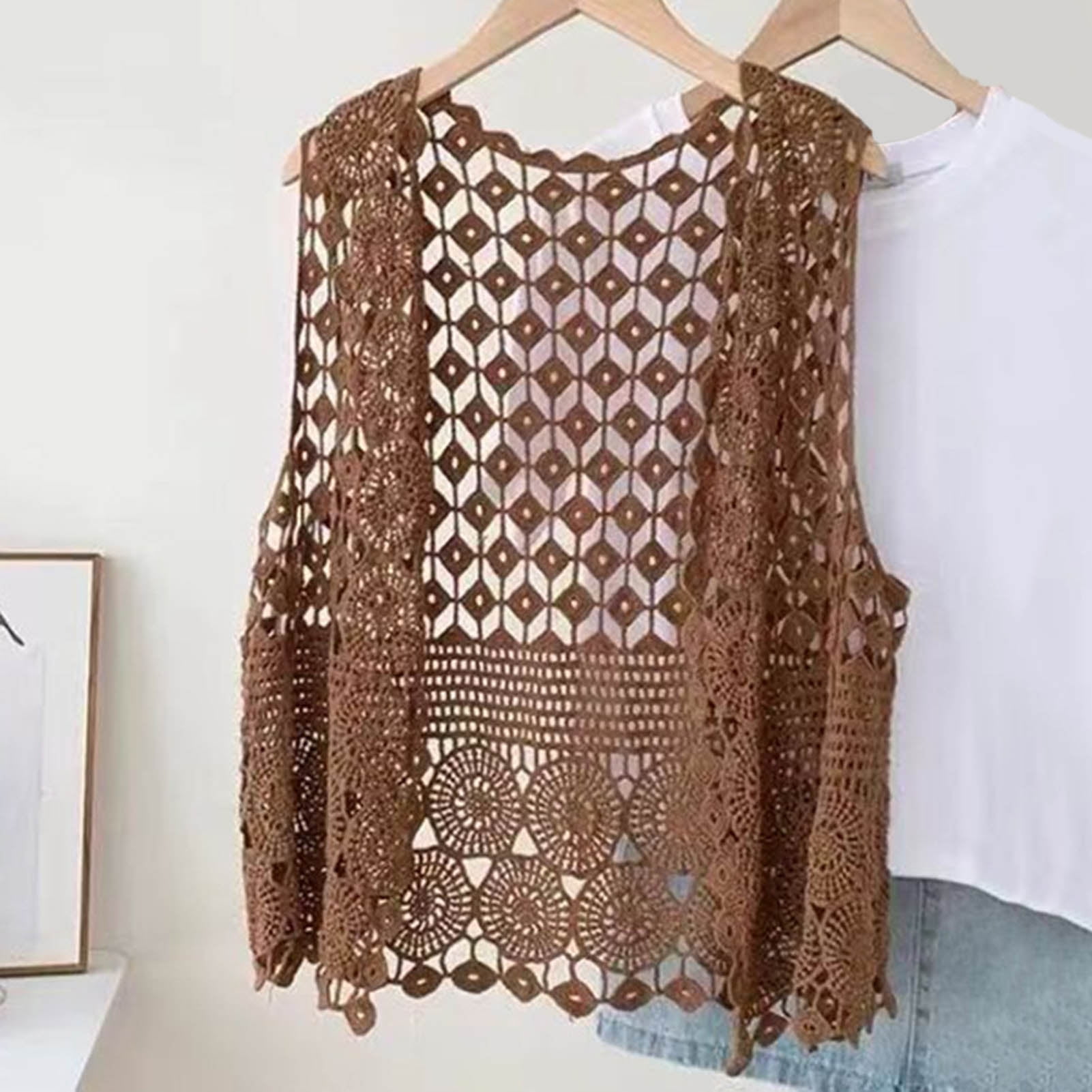 Women Vest Women's Sleeveless Knitted Hollow Vest Retro Crochet Cardigan for Summer Spring Autumn Sleeveless Cardigan One Size Coffee - Image 2