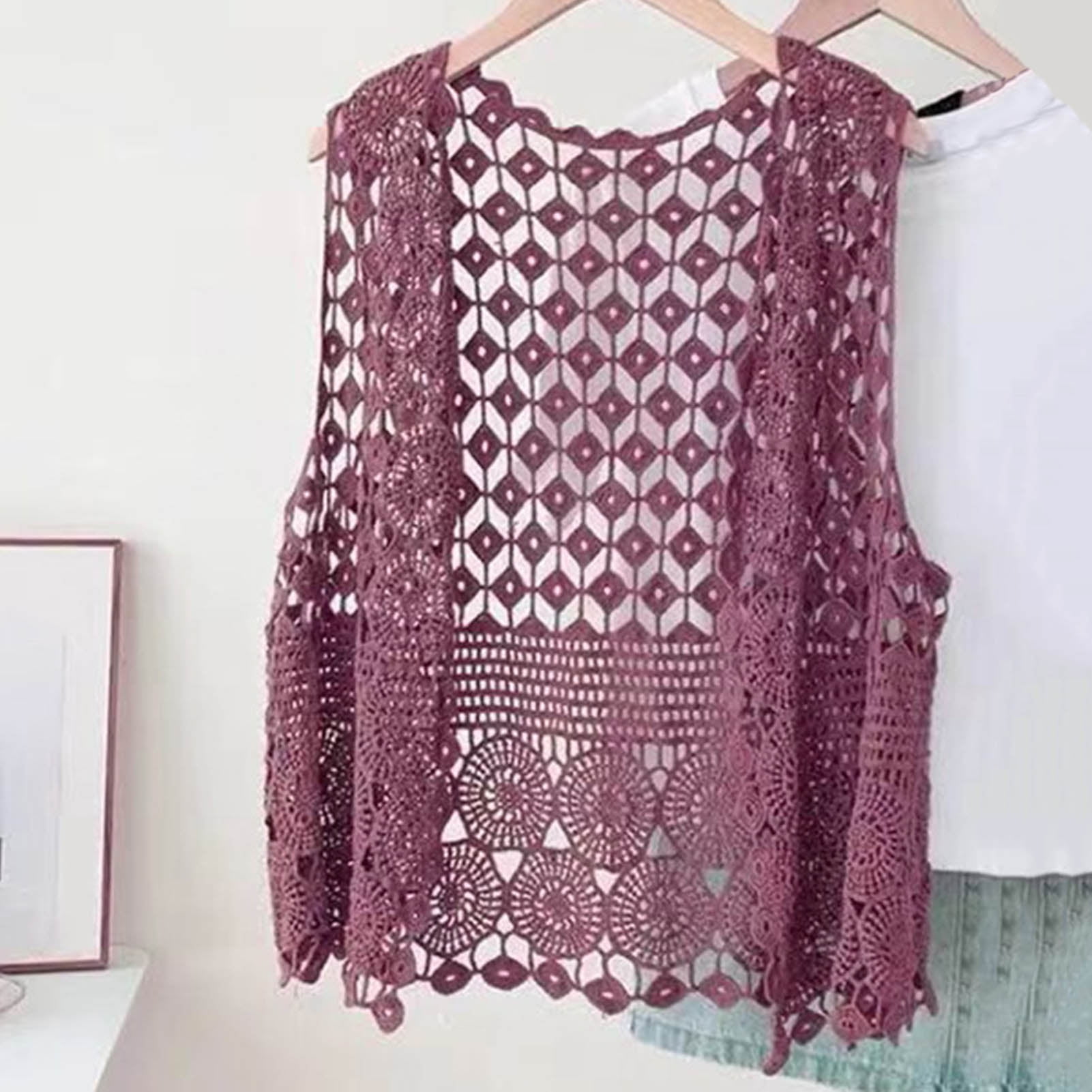 Women Vest Women's Sleeveless Knitted Hollow Vest Retro Crochet Cardigan for Summer Spring Autumn Sleeveless Cardigan One Size Purple - Image 2