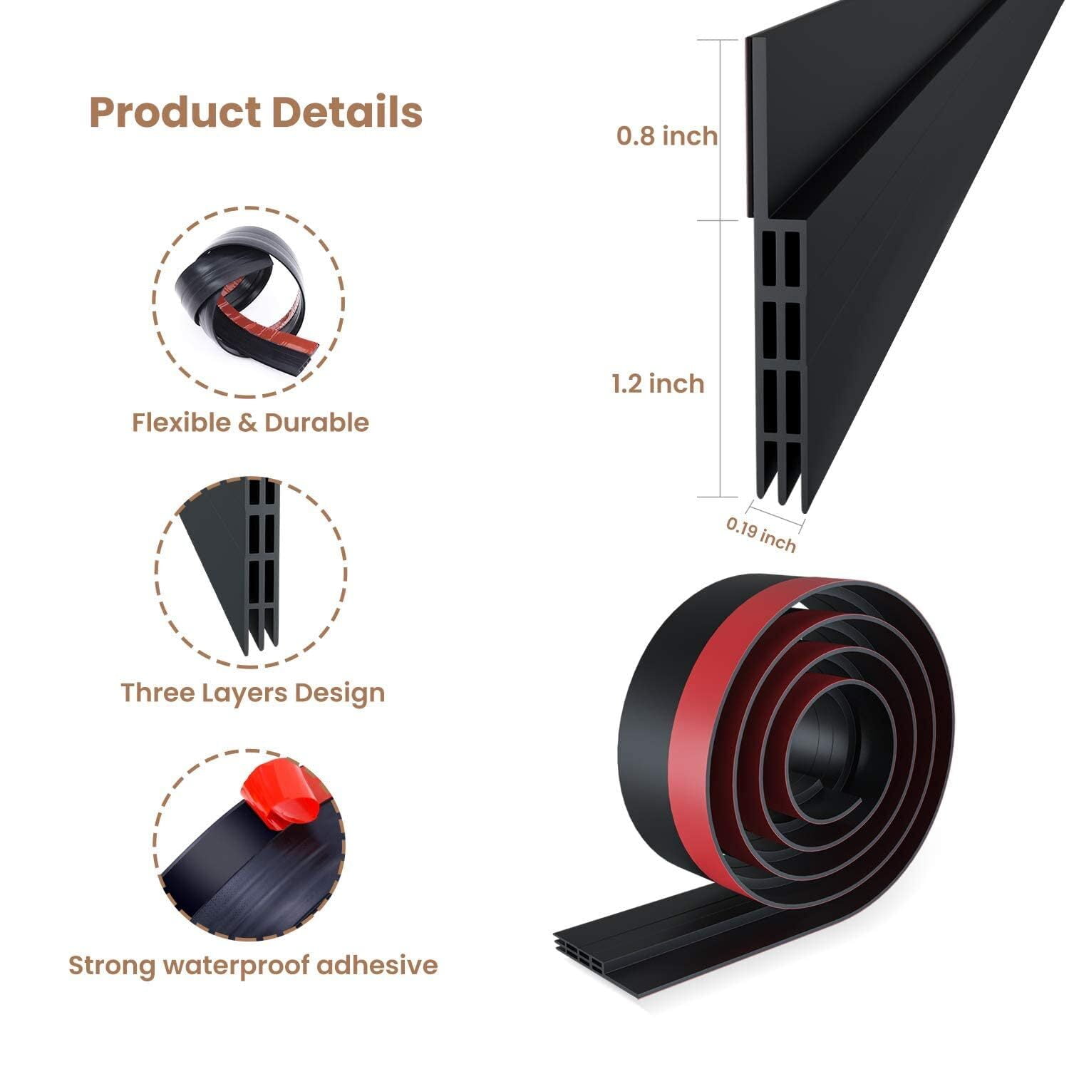 Door Draft Stopper, 37 Inch Under Door Sweep Bottom Blocker with Rubber Seal Strip, Under Door Seal for Exterior/Interior, Soundproof Weather Stripping Door Seal(White) 2PC Black - Image 6