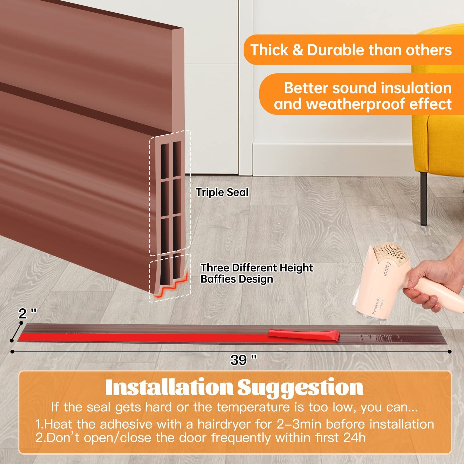 Door Draft Stopper, 37 Inch Under Door Sweep Bottom Blocker with Rubber Seal Strip, Under Door Seal for Exterior/Interior, Soundproof Weather Stripping Door Seal(White) 1PC Brown - Image 3
