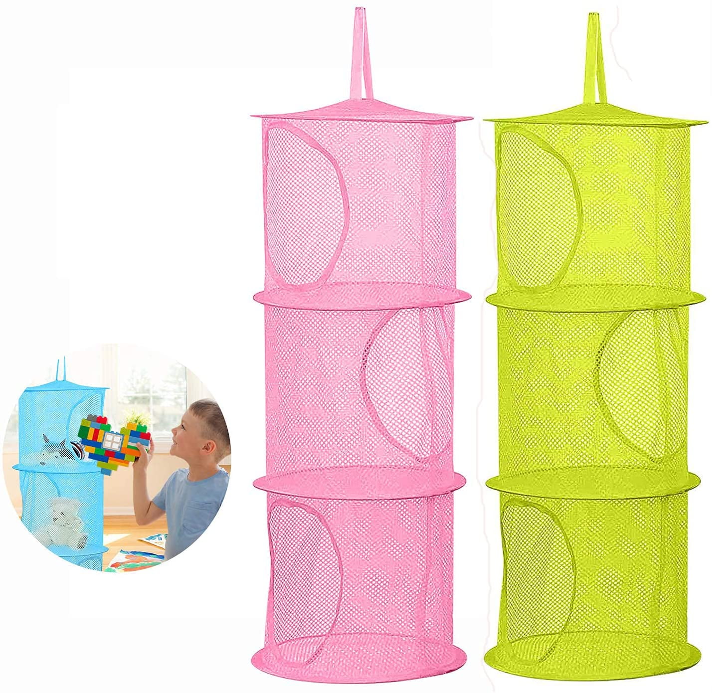 2 Pcs Hanging Mesh Stuffed Animal Storage Hammock Net, Foldable Toy Storage Organizer 3 Compartments Net for Stuffed Animals Corner for Boys, Girls, Gloves, Hats, Socks Pink-green - Image 1