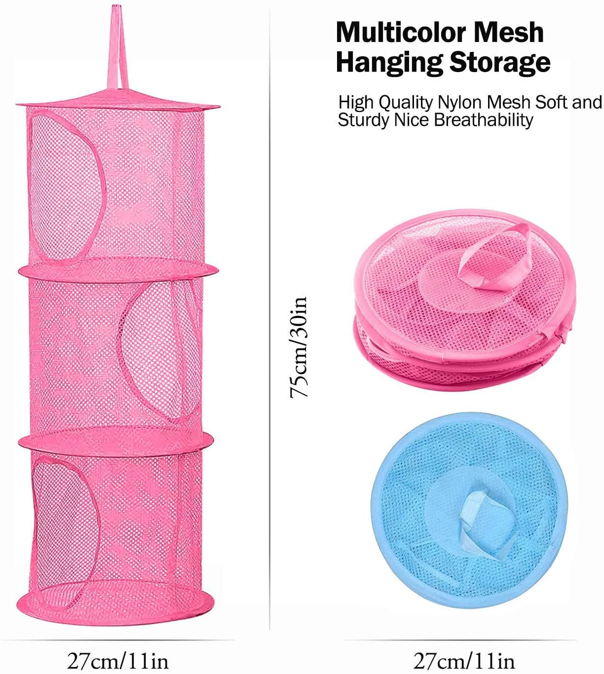 2 Pcs Hanging Mesh Stuffed Animal Storage Hammock Net, Foldable Toy Storage Organizer 3 Compartments Net for Stuffed Animals Corner for Boys, Girls, Gloves, Hats, Socks Pink-green - Image 2