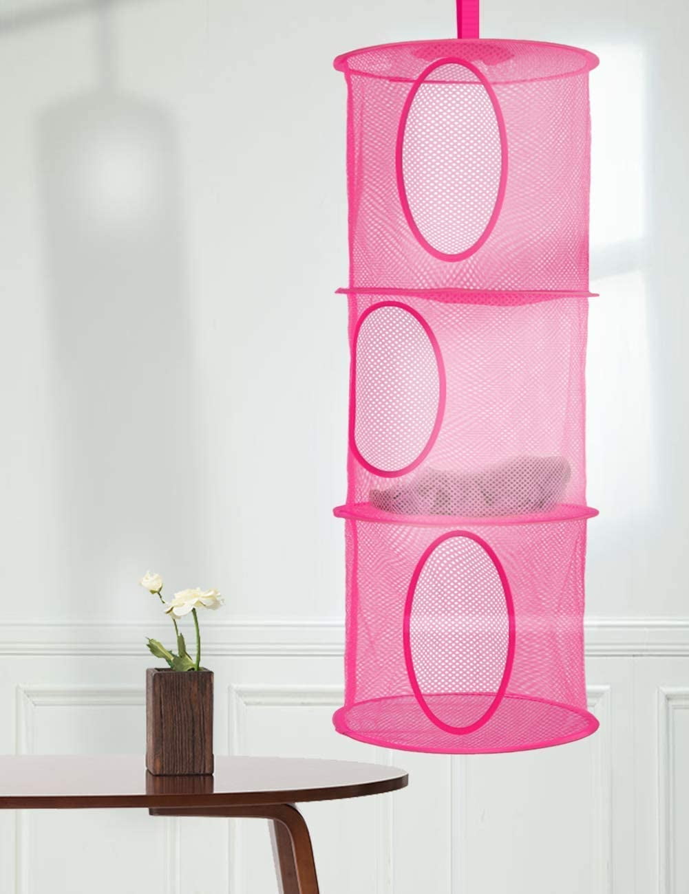 2 Pcs Hanging Mesh Stuffed Animal Storage Hammock Net, Foldable Toy Storage Organizer 3 Compartments Net for Stuffed Animals Corner for Boys, Girls, Gloves, Hats, Socks Pink-green - Image 3