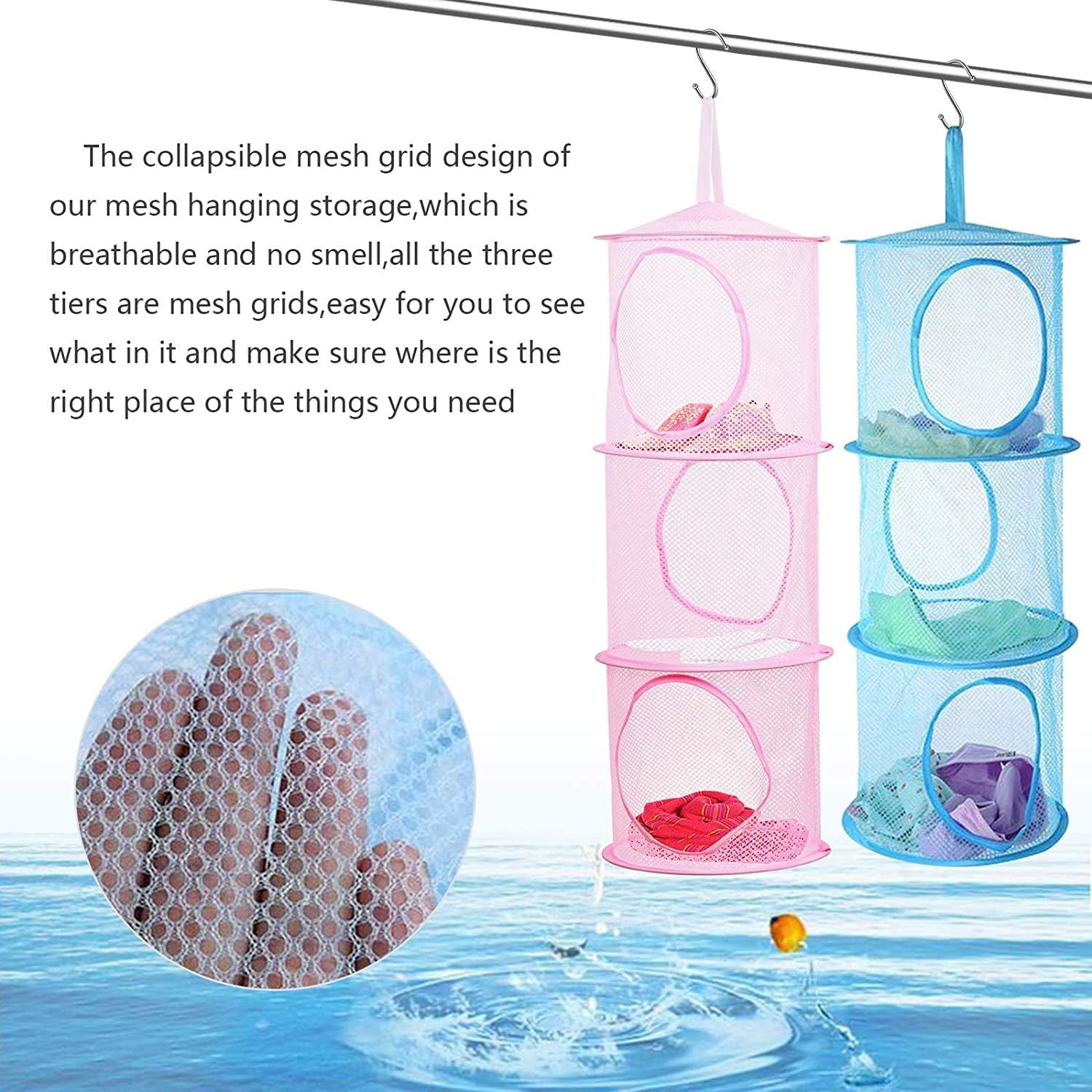 2 Pcs Hanging Mesh Stuffed Animal Storage Hammock Net, Foldable Toy Storage Organizer 3 Compartments Net for Stuffed Animals Corner for Boys, Girls, Gloves, Hats, Socks Pink-green - Image 5
