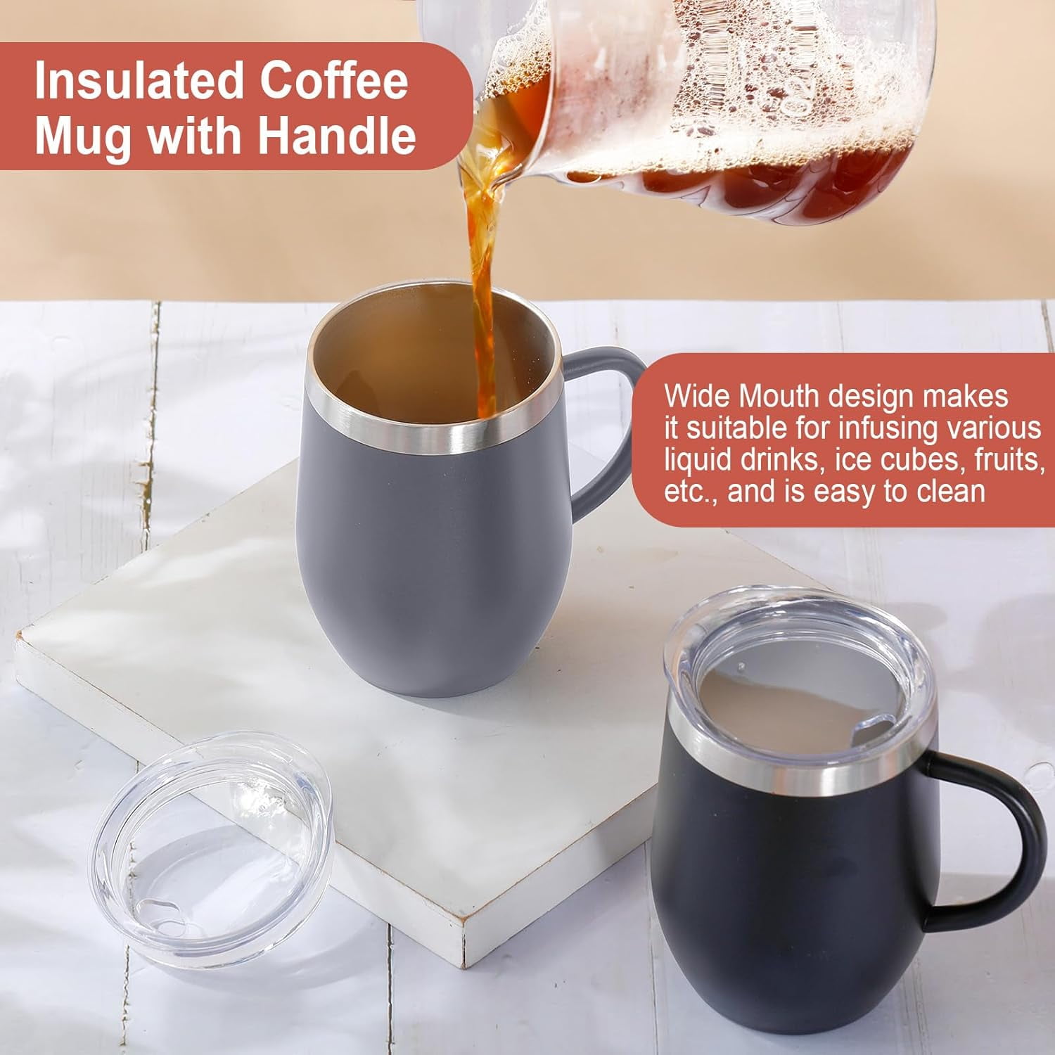 12oz Insulated Coffee Mug with Handle Stainless Steel Insulated Coffee Mug Double Wall Vacuum Travel Mug Tumbler Cup with Sliding Lid Travel Coffee Cup Thermal Cup Pink - Image 4