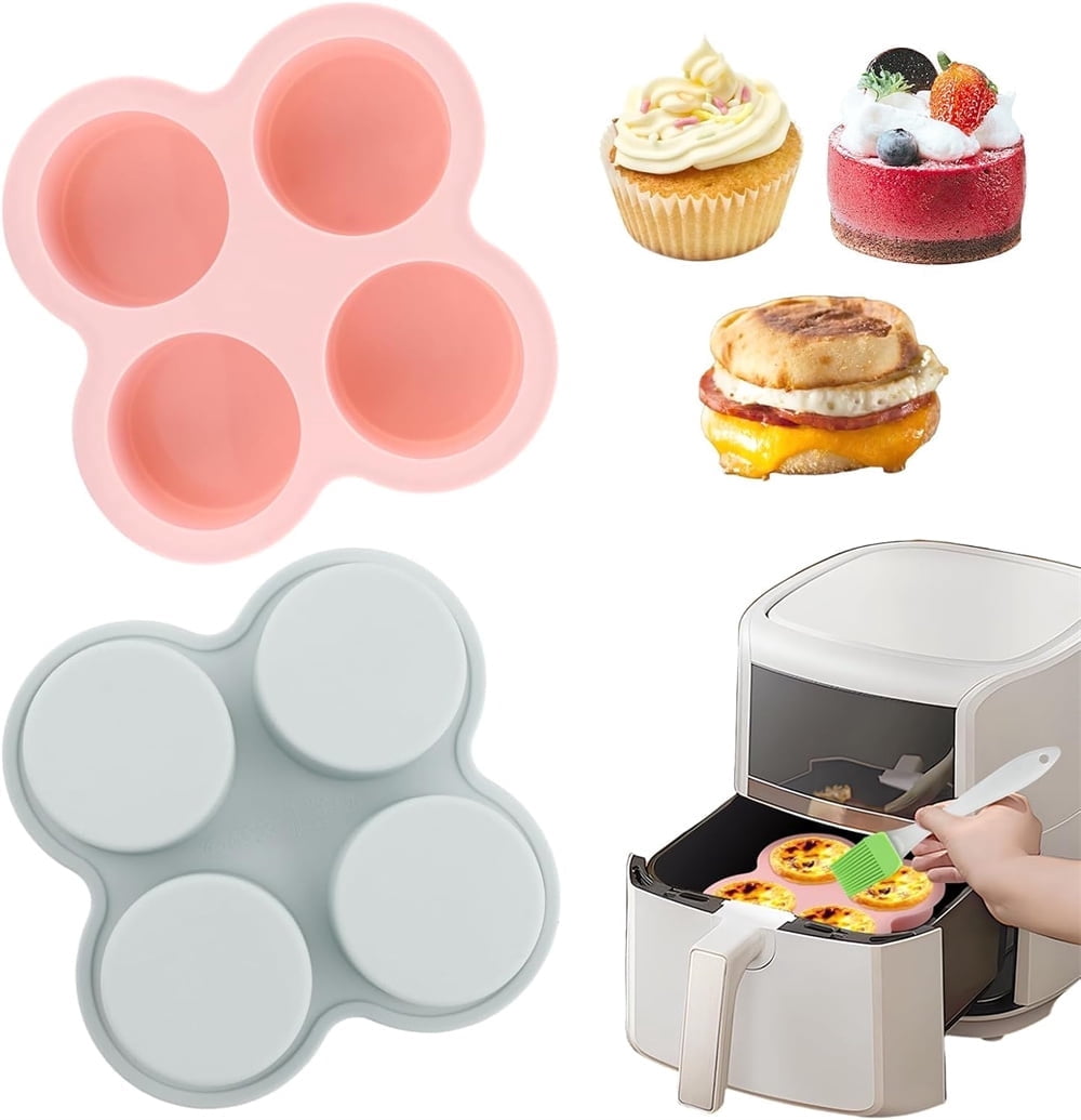 Tutuviw 2Pcs Reusable Silicone Air Fryer Egg Mold Cupcake and Muffin Pan Non-Stick Air Fryer Baking Pan 4 Cavity Silicone Muffin Pans Muffin Cups for Baking(Blue+Pink) - Image 1