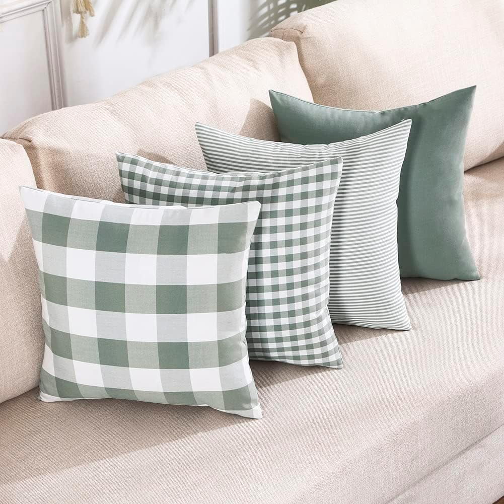 Light Blue Farmhouse Buffalo Plaid Pillow Covers 18x18 Set of 2 Patio Outdoor Decor Neutral Checkered Pillow Covers 18 x 18, Blue and White Gingham 18x18 Square Black - Image 1
