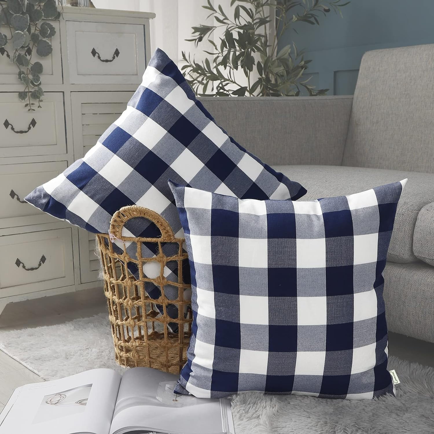 Light Blue Farmhouse Buffalo Plaid Pillow Covers 18x18 Set of 2 Patio Outdoor Decor Neutral Checkered Pillow Covers 18 x 18, Blue and White Gingham Plaid Check 18