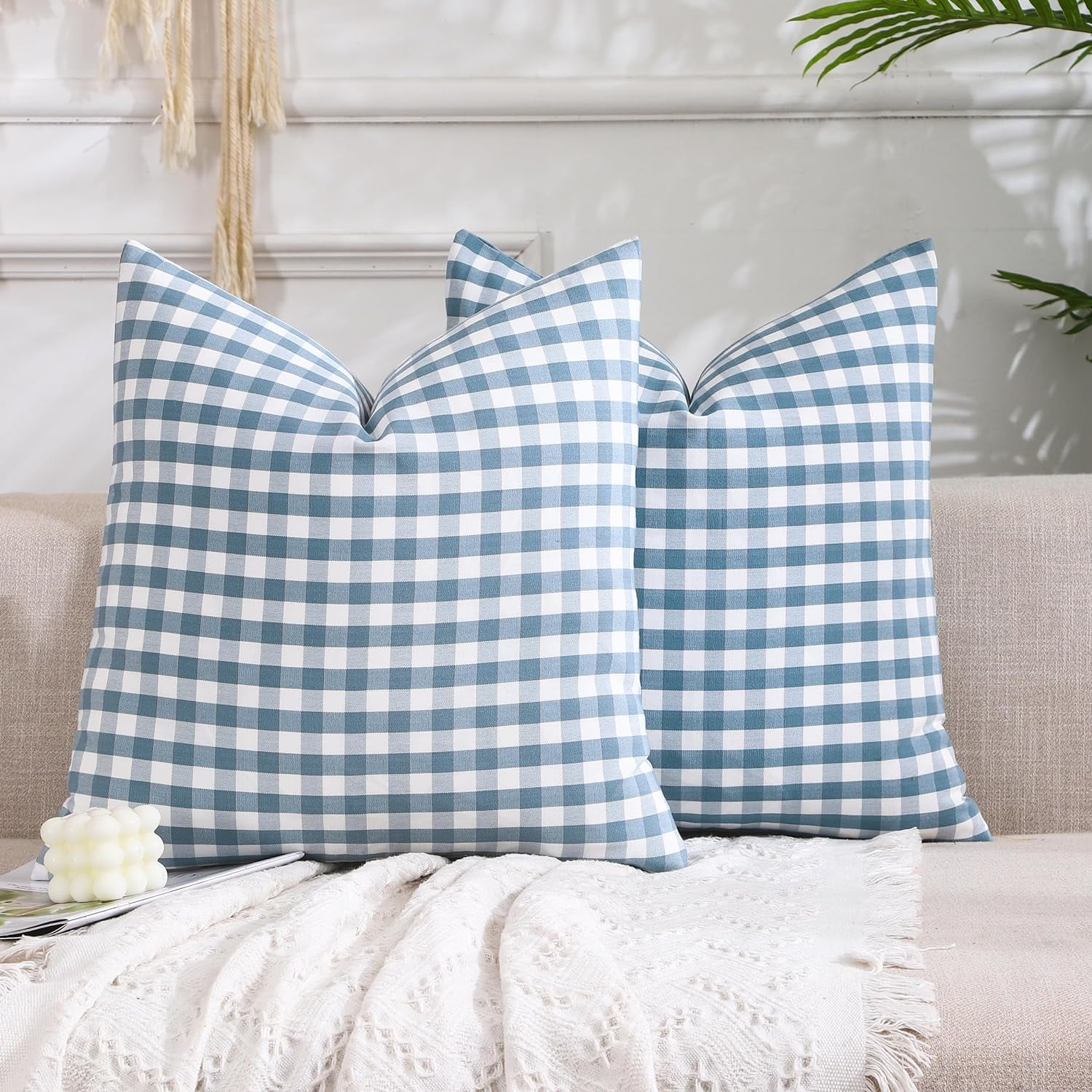 Light Blue Farmhouse Buffalo Plaid Pillow Covers 18x18 Set of 2 Patio Outdoor Decor Neutral Checkered Pillow Covers 18 x 18, Blue and White Gingham Pinstripe 18
