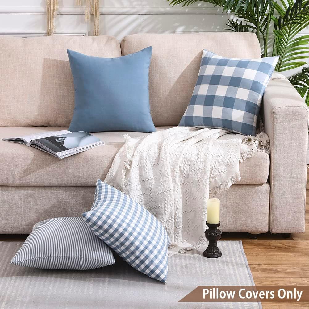 Light Blue Farmhouse Buffalo Plaid Pillow Covers 18x18 Set of 2 Patio Outdoor Decor Neutral Checkered Pillow Covers 18 x 18, Blue and White Gingham Pinstripe 18