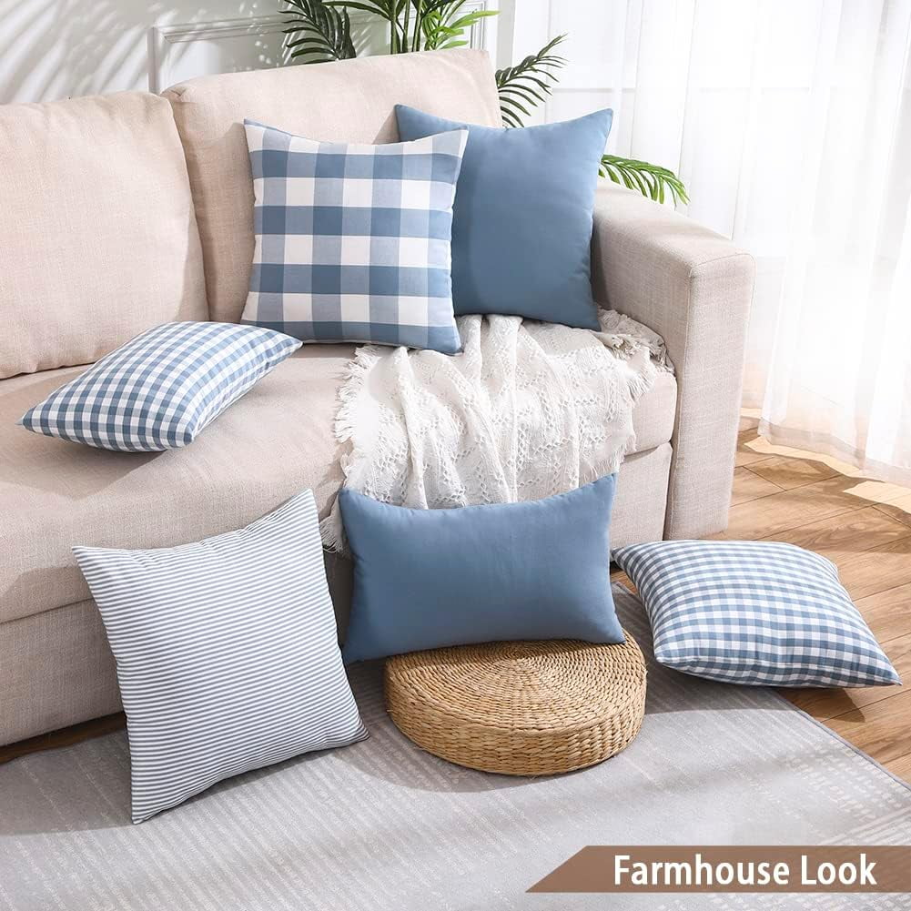 Light Blue Farmhouse Buffalo Plaid Pillow Covers 18x18 Set of 2 Patio Outdoor Decor Neutral Checkered Pillow Covers 18 x 18, Blue and White Gingham Pinstripe 18