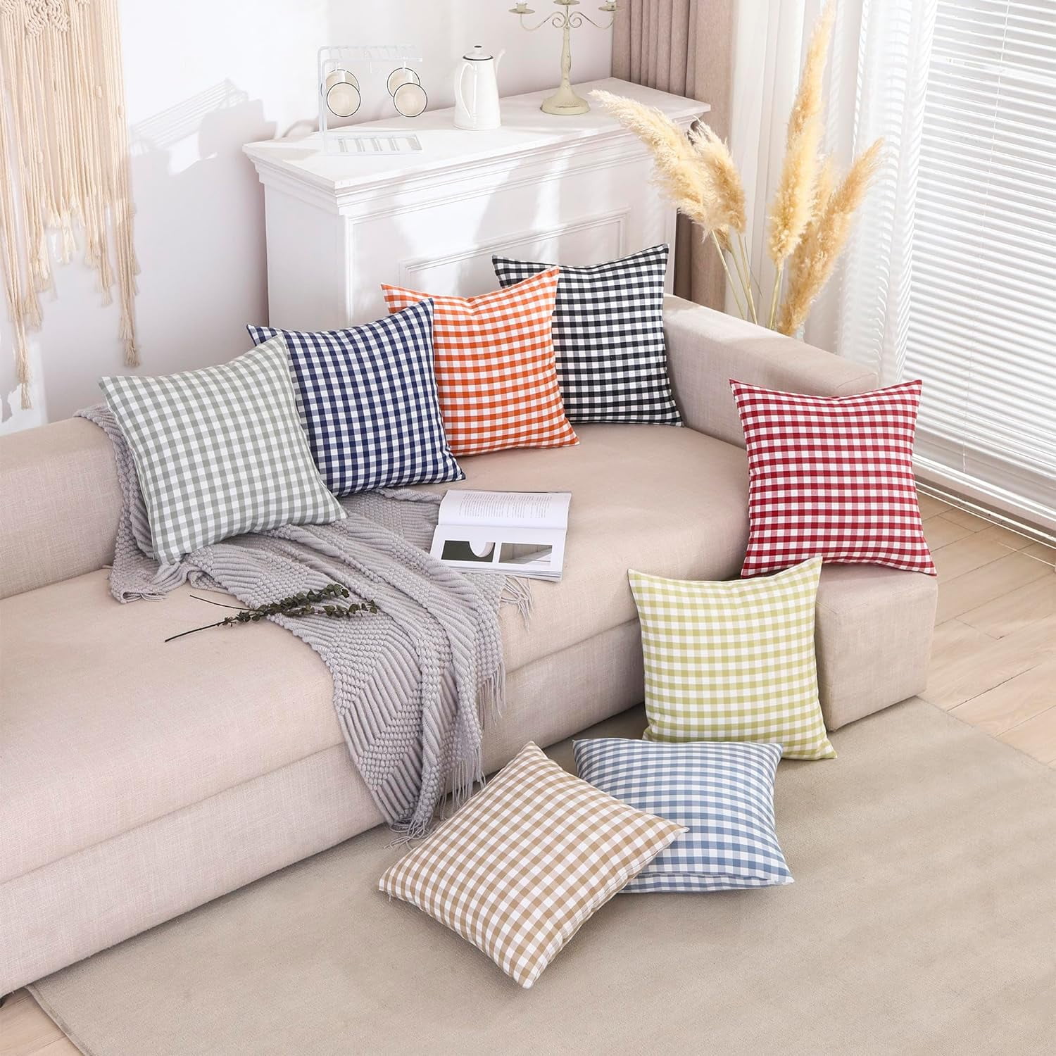 Light Blue Farmhouse Buffalo Plaid Pillow Covers 18x18 Set of 2 Patio Outdoor Decor Neutral Checkered Pillow Covers 18 x 18, Blue and White Gingham Pinstripe 18