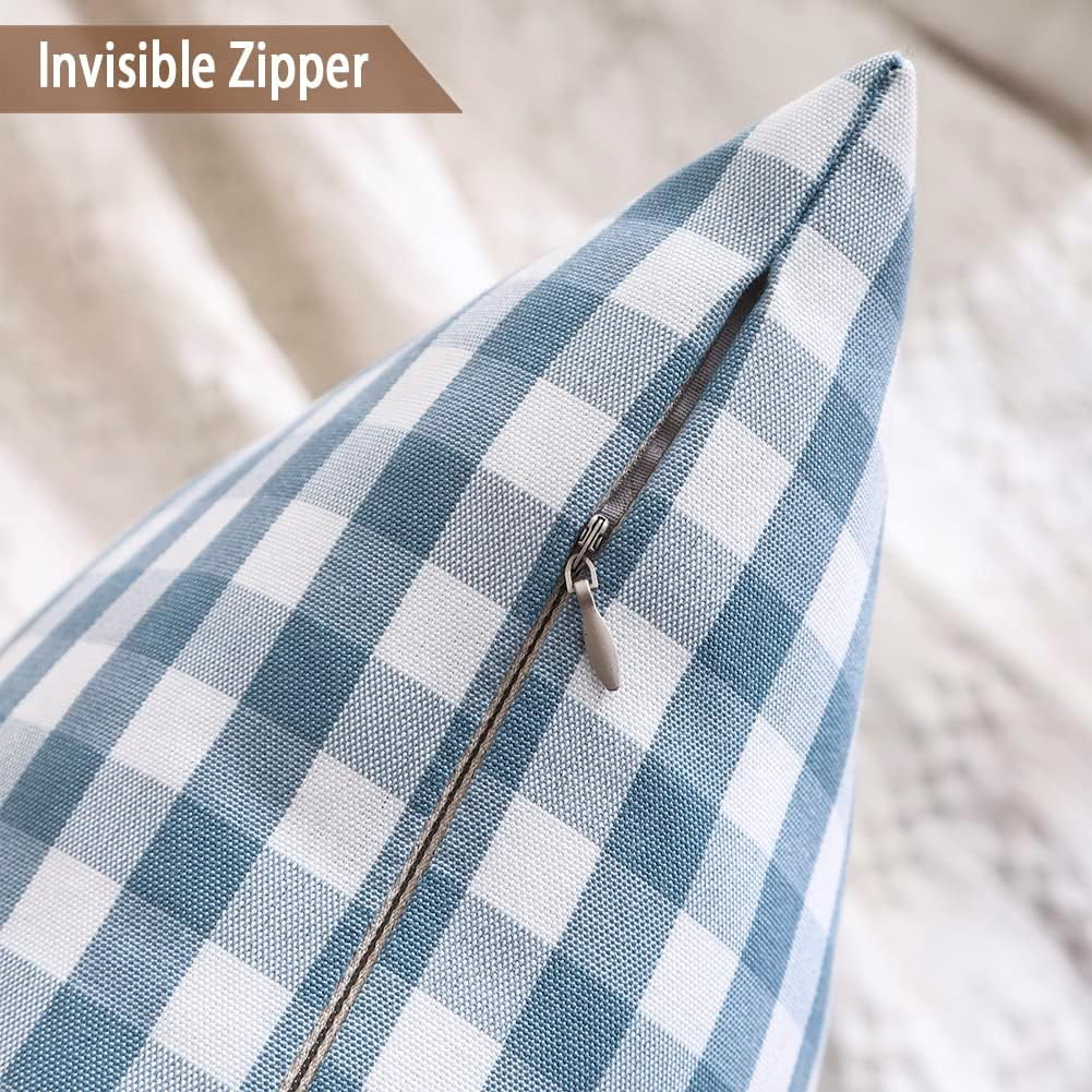 Light Blue Farmhouse Buffalo Plaid Pillow Covers 18x18 Set of 2 Patio Outdoor Decor Neutral Checkered Pillow Covers 18 x 18, Blue and White Gingham Pinstripe 18