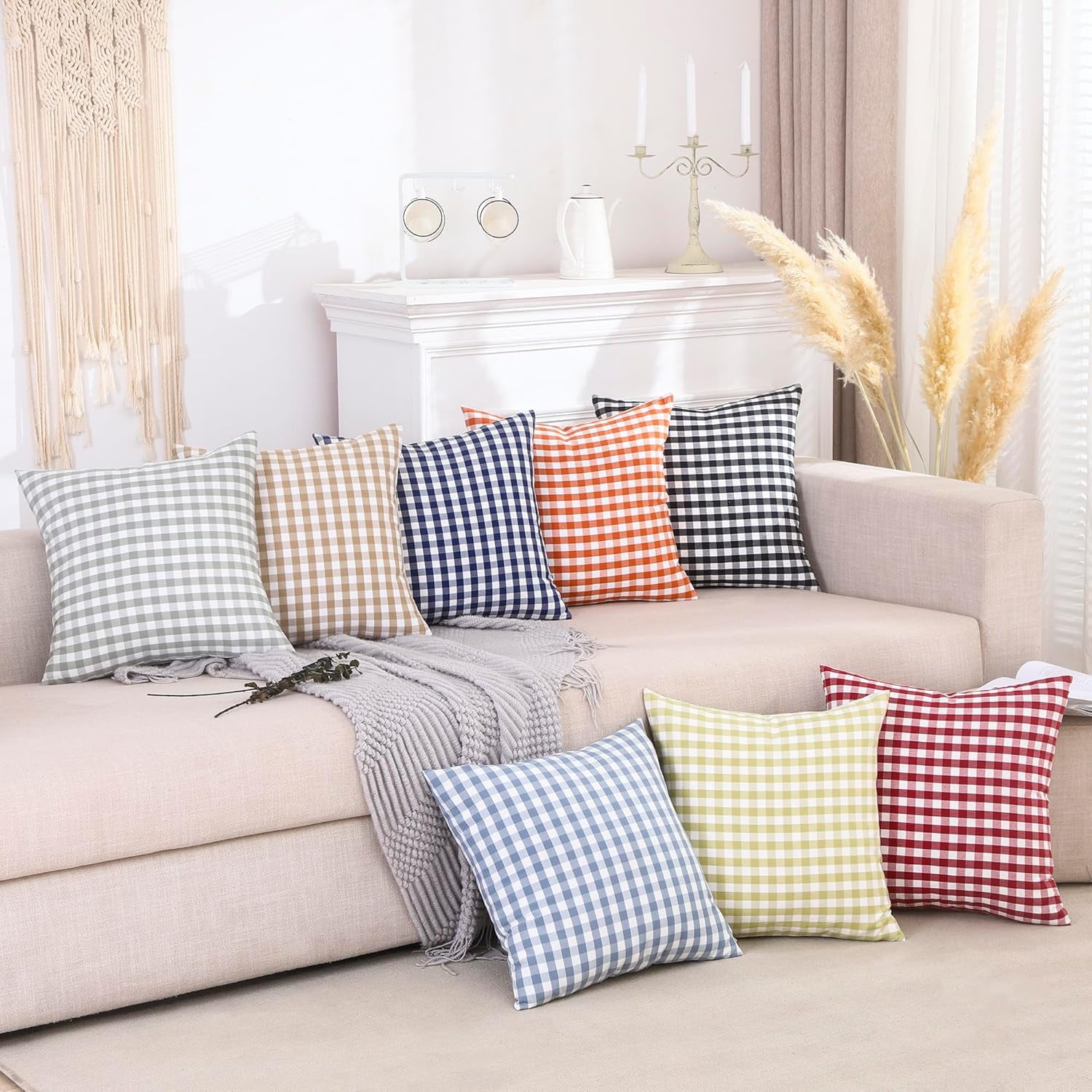 Light Blue Farmhouse Buffalo Plaid Pillow Covers 18x18 Set of 2 Patio Outdoor Decor Neutral Checkered Pillow Covers 18 x 18, Blue and White Gingham Plaid Gingham 18