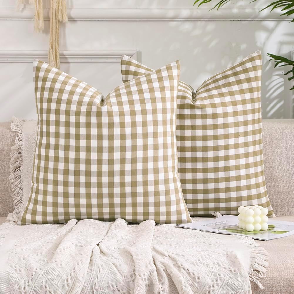 Light Blue Farmhouse Buffalo Plaid Pillow Covers 18x18 Set of 2 Patio Outdoor Decor Neutral Checkered Pillow Covers 18 x 18, Blue and White Gingham Plaid Gingham 18