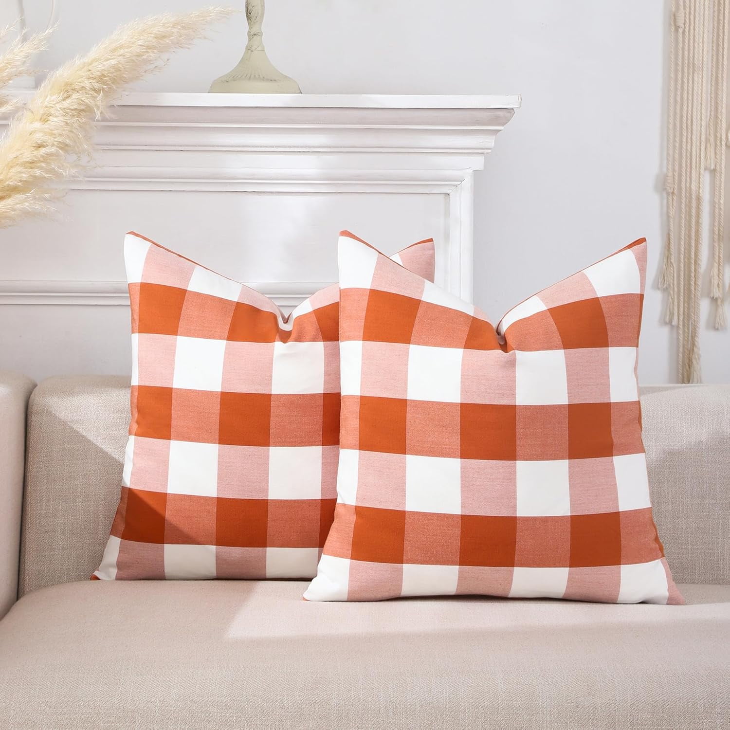 Light Blue Farmhouse Buffalo Plaid Pillow Covers 18x18 Set of 2 Patio Outdoor Decor Neutral Checkered Pillow Covers 18 x 18, Blue and White Gingham Pinstripe 18