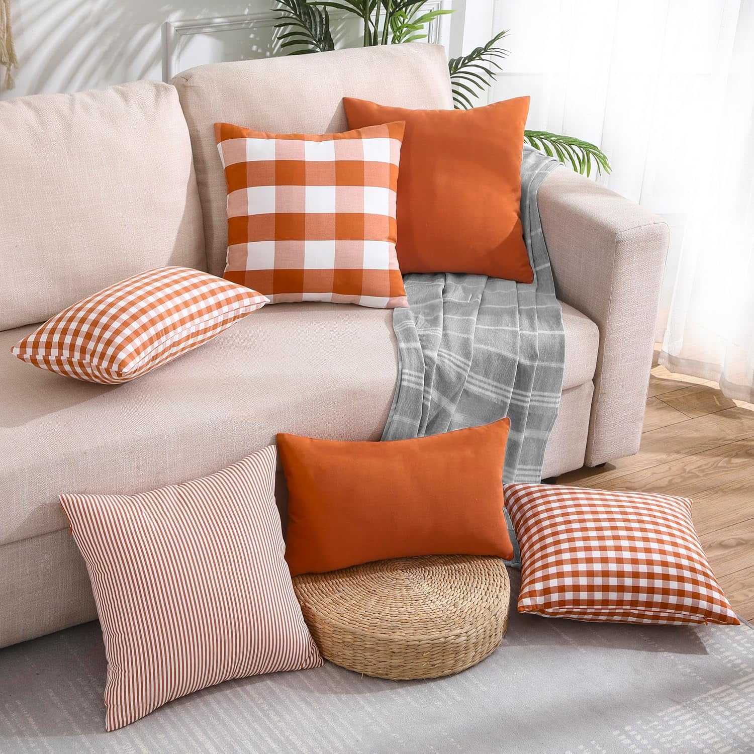Light Blue Farmhouse Buffalo Plaid Pillow Covers 18x18 Set of 2 Patio Outdoor Decor Neutral Checkered Pillow Covers 18 x 18, Blue and White Gingham Pinstripe 18
