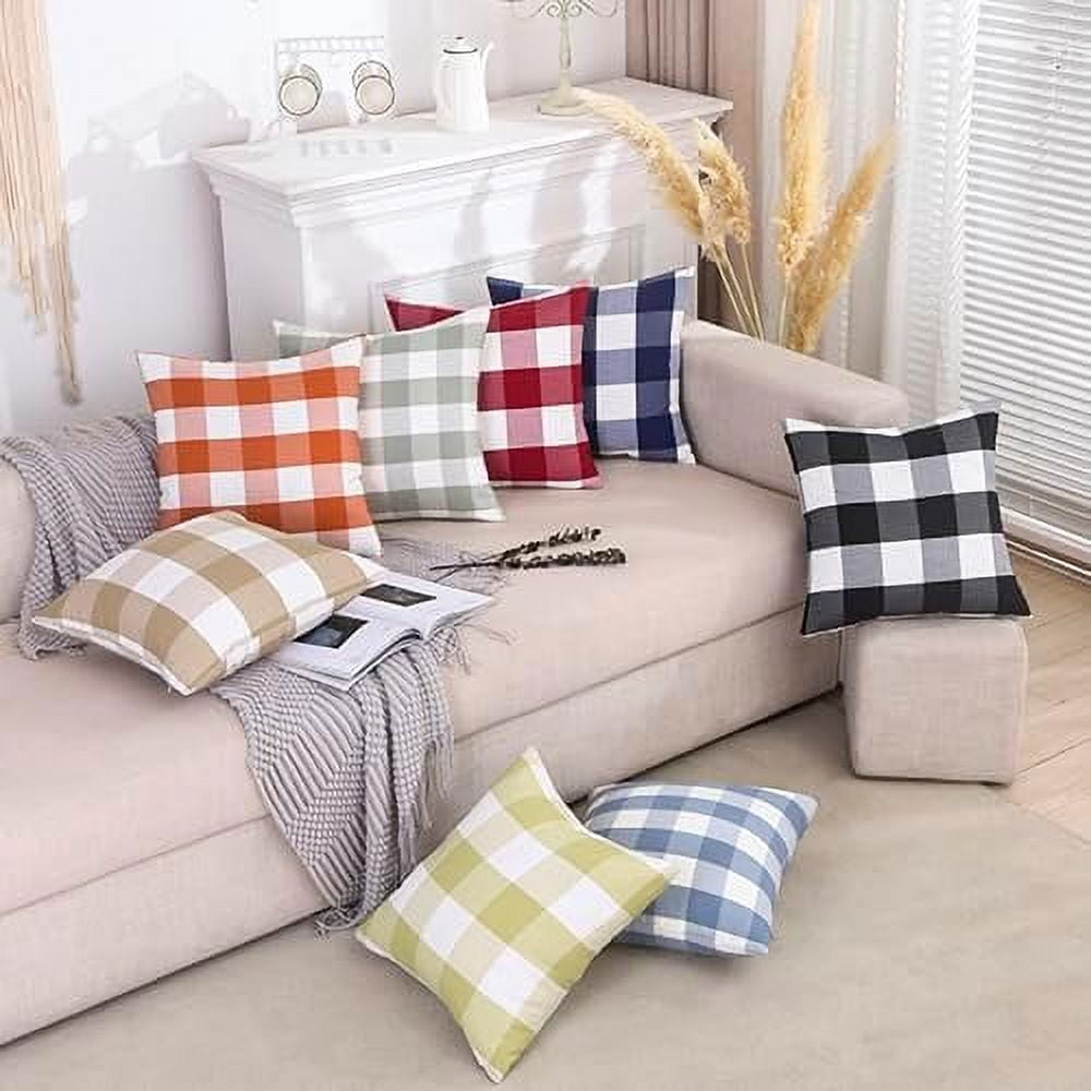 Light Blue Farmhouse Buffalo Plaid Pillow Covers 18x18 Set of 2 Patio Outdoor Decor Neutral Checkered Pillow Covers 18 x 18, Blue and White Gingham Pinstripe 18